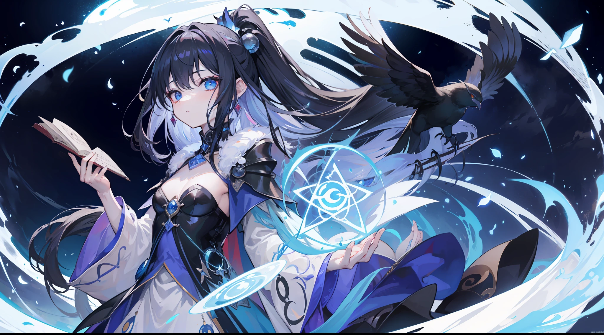 Death,Blood,Night, Dark, (Fantasy),infinite,deep blue sky,The abyss of knowledge,Cowledge,((masutepiece)), (((Best Quality))),((Beautiful fine eyes)),(Eye lashes)、The Monster、(女の子1人)、Black hair、The long-haired、abyss eyes、glowy skin、oils、small tits、(Bird body、pluma)、tattered cloth、Teenchi、elvish、Super delicate CG Unity 32k wallpaper、masterpiece, ((ultra-detailliert)), ((illustratio)),colourfull,wall-paper,The energy,Unknown terror,Incomprehensible,Around the magic,Magical surroundings,magic wands,Boken,Flying pages,Know everything,Predict the future、Get to know the past、Infinite wisdom、blue flames、Warlock、magic circles、Pentagram、Spells、mantra、Singing magic