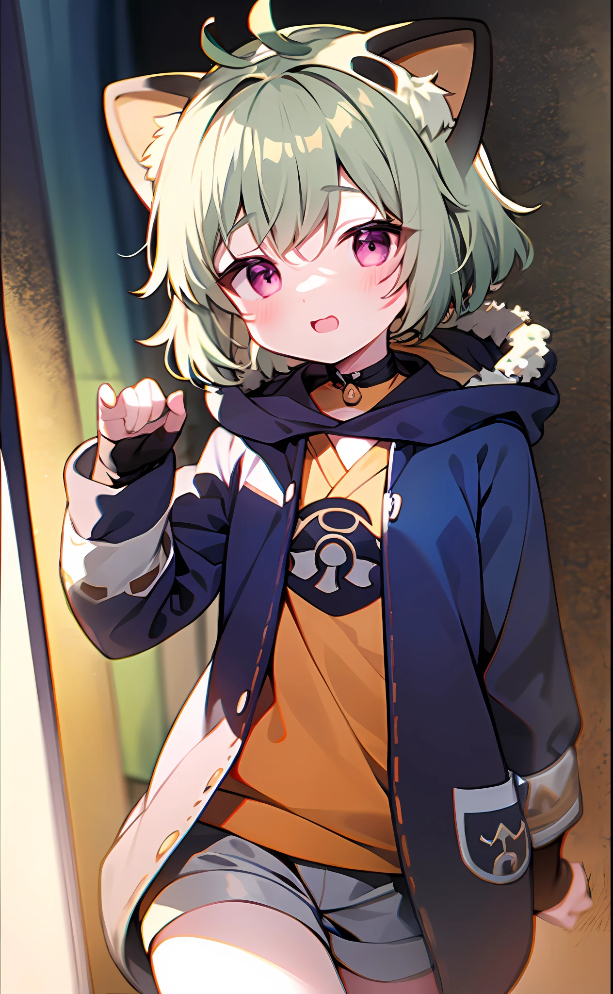 Navy blue sleeves,Shota,Furry,Cute,Lovely,Orange fur,Gray hoodie,Gray shorts,warm lights,Daytime,fantastic shadow sunshine