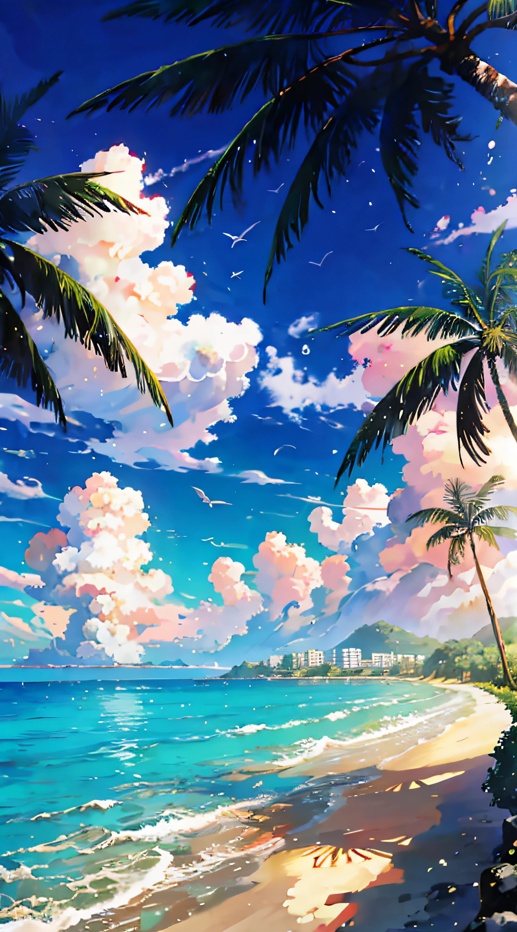 Anime style,the sea,sea beach,coconut palms,seagulls,baiyun,A small island in the distance