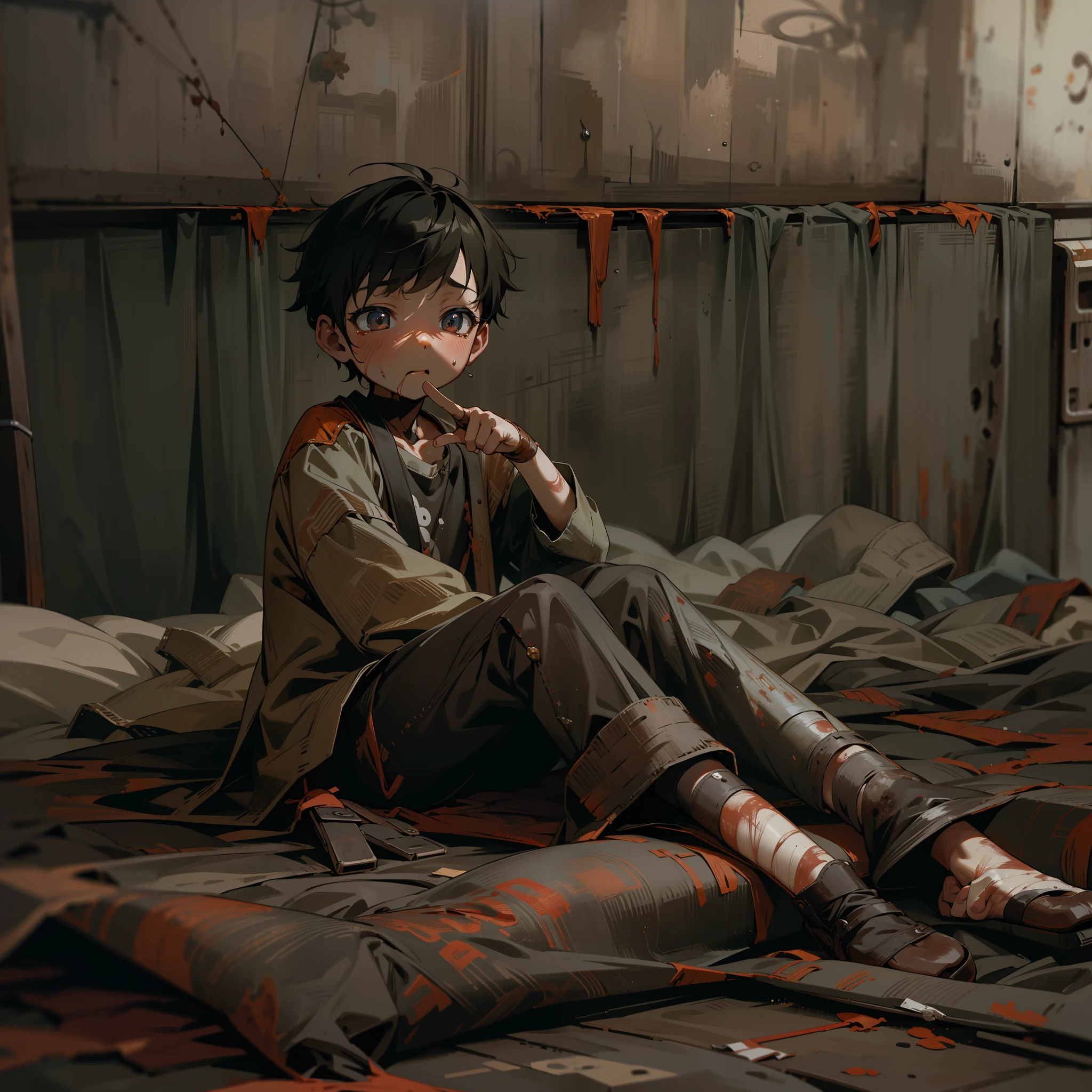 A six-year-old boy lies on a rusty bed,Shota,bareness,teardrop,Poor Baba,unkempt,wounded。A high resolution,best qualtiy,tmasterpiece,shadowy,unreal-engine,abused,nsfw