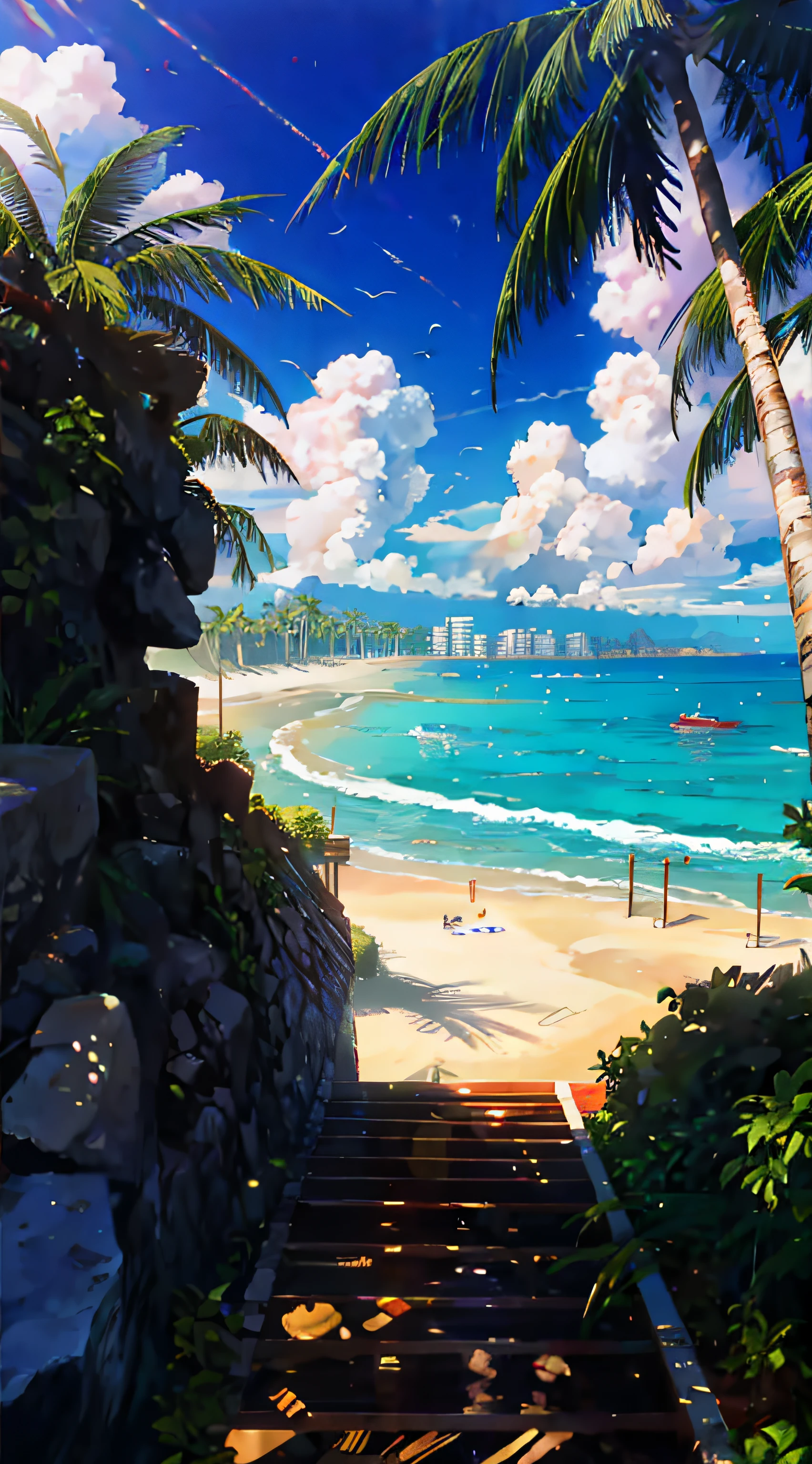 Anime style，the sea，sea beach，coconut palms，seagulls，baiyun，A small island in the distance