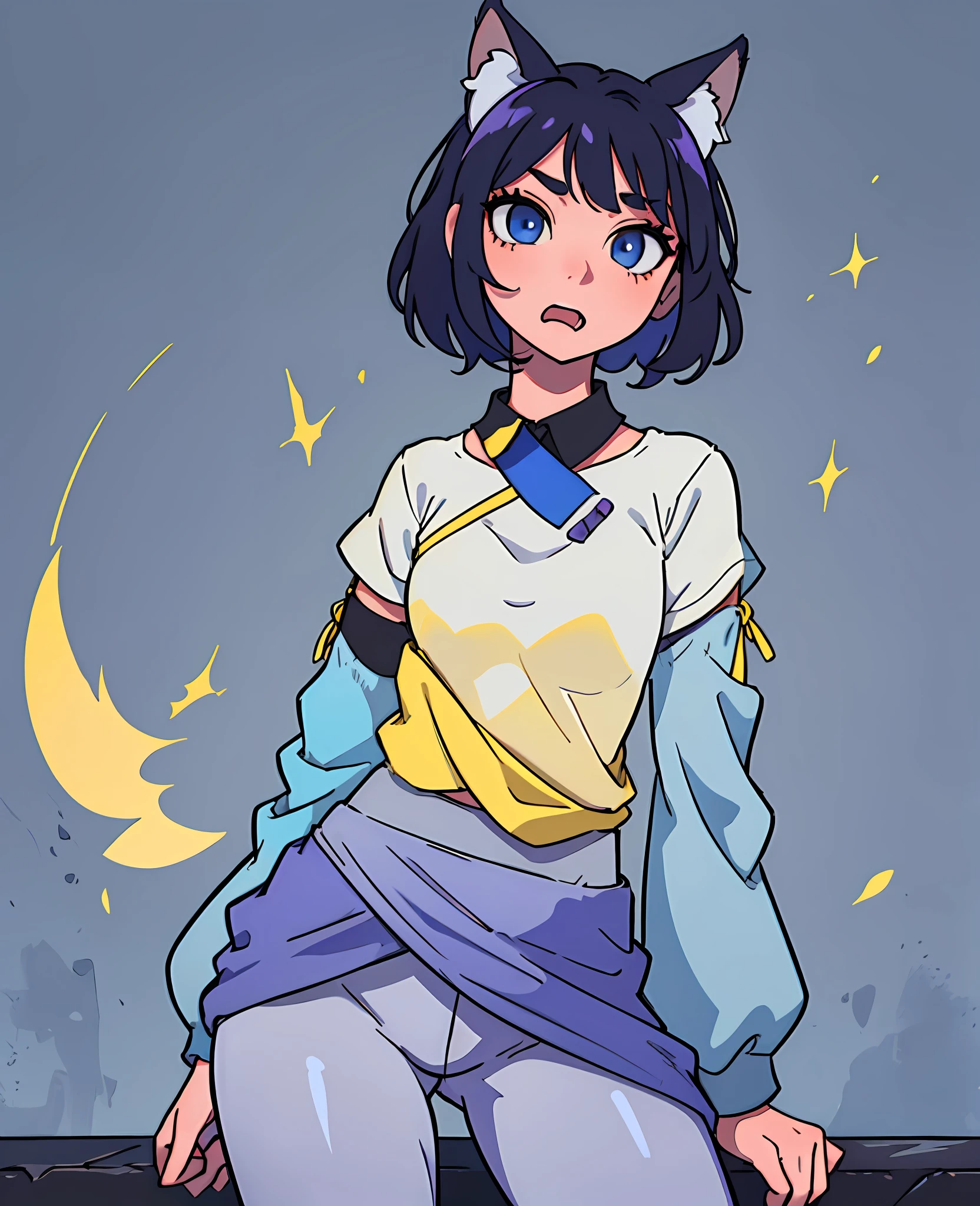 Anime, girl, woman, short black hair, grey fox ears, purple clip in the front of the hair, blue eyes, in the mouth the fang on the left side stands out, a grey fox tail with a white tip, thin body without much chest, cold blouse, blue sleeves and the rest grey, yellow shirt, legging trousers --auto --s2