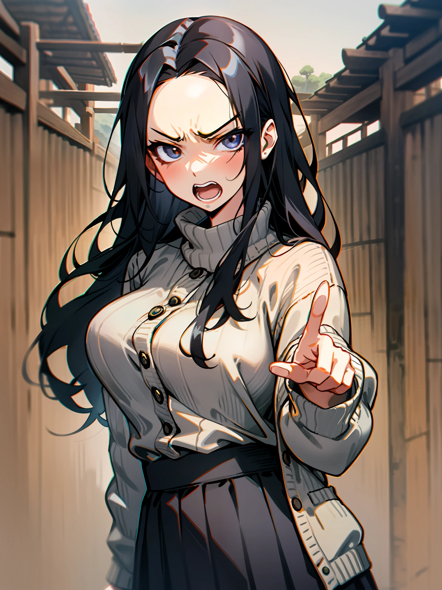 young woman,black hair,long  hair,forehead,tiny breasts,cardigan and  sweater,long skirt,glaring,Pointing forward(with one hand).Background is Japanese rural farming village,I'm staring at the tip of your finger.She's screaming.