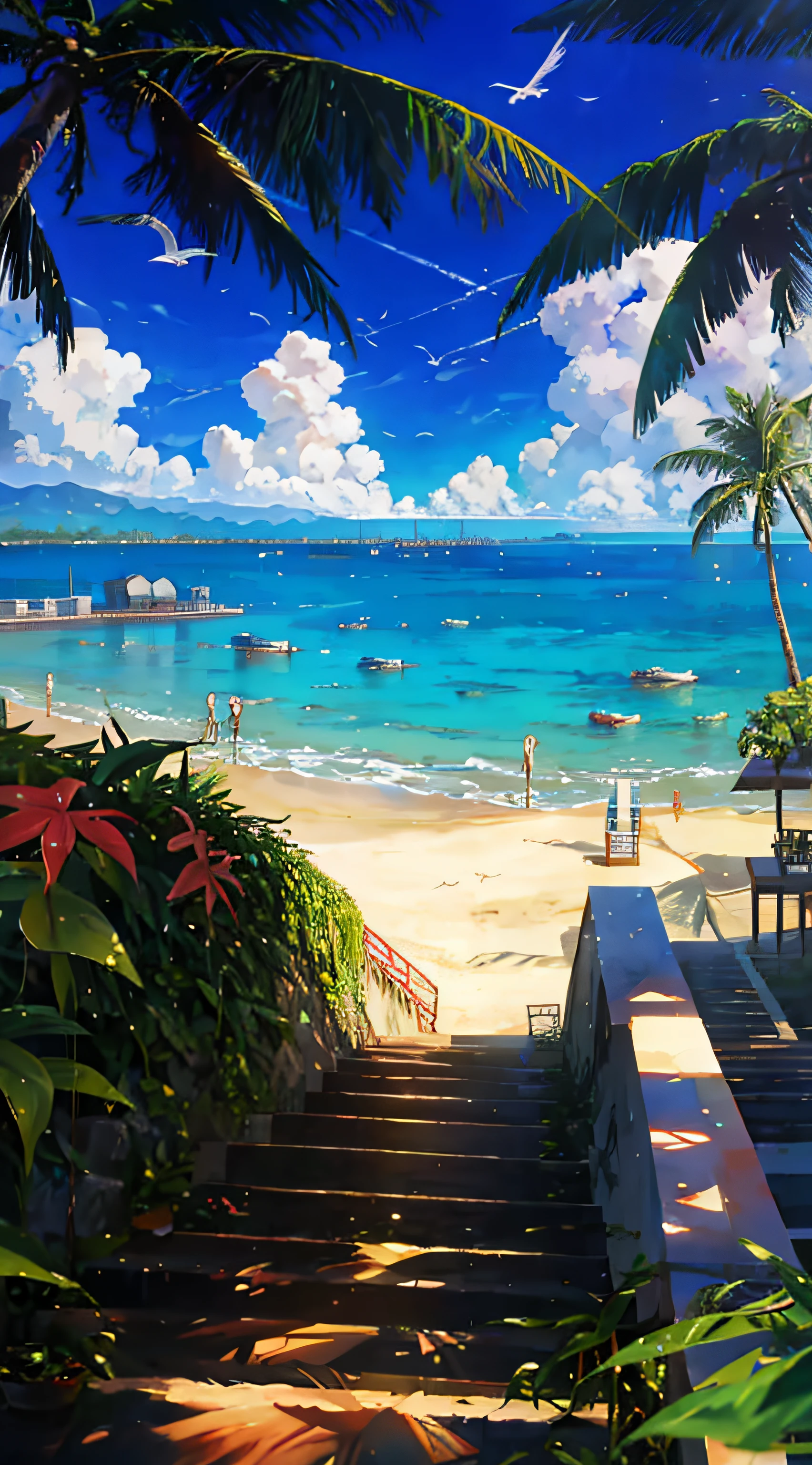 Anime style,the sea,sea beach,coconut palms,seagulls,baiyun,A small island in the distance