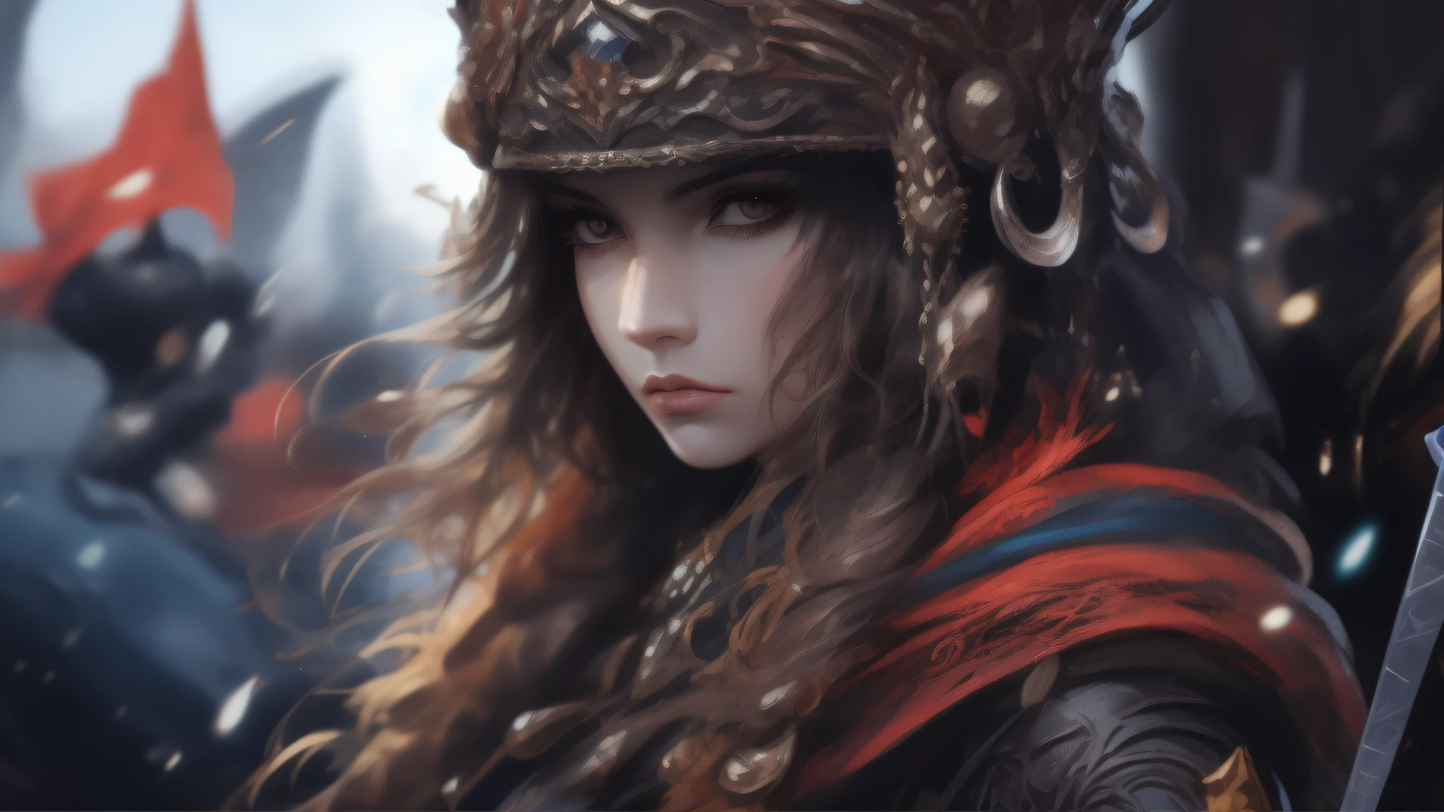 A closeup of a woman with a hat and a sword, Arte digital altamente detalhada em 4k, karol bak uhd, Epic Fantasy Digital Art Style, retrato de arte conceito de fantasia, Arte de fantasia 4k, 8k arte detalhada de alta qualidade, Arte digital detalhada em 4k, arte de personagem impressionante, 4K fantasia detalhe, Grande arte digital com detalhes