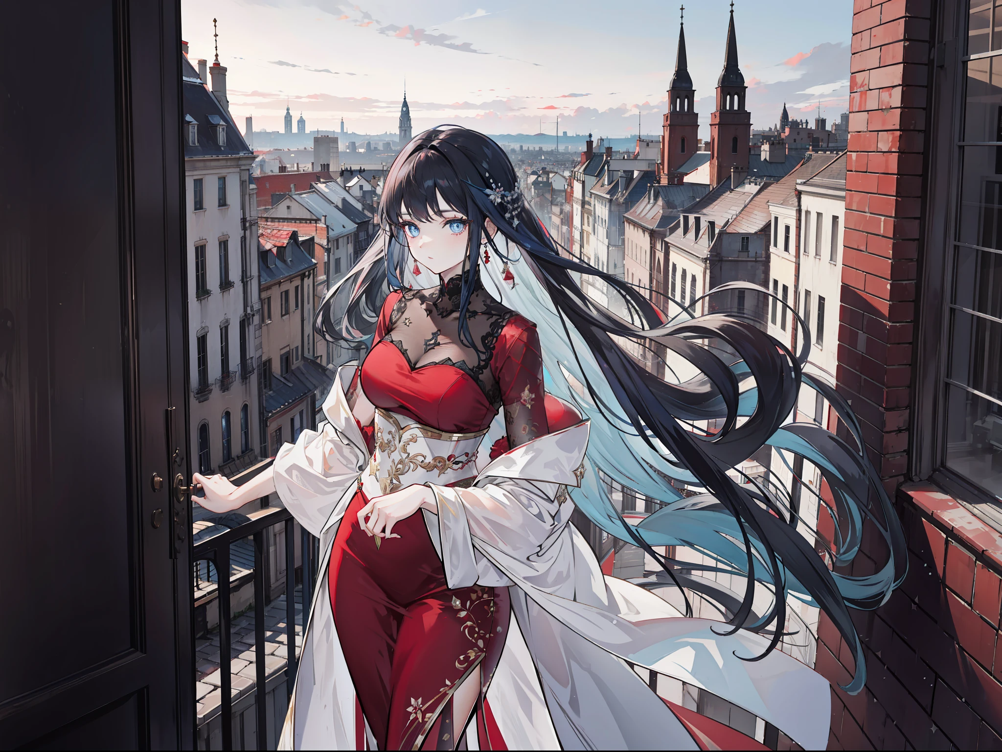 "Beautiful city landscape, exquisite 4k artwork showcasing an elegant lady with mesmerizing black flowing hair, captivating deep blue eyes, and dressed in a stunning red casual attire."