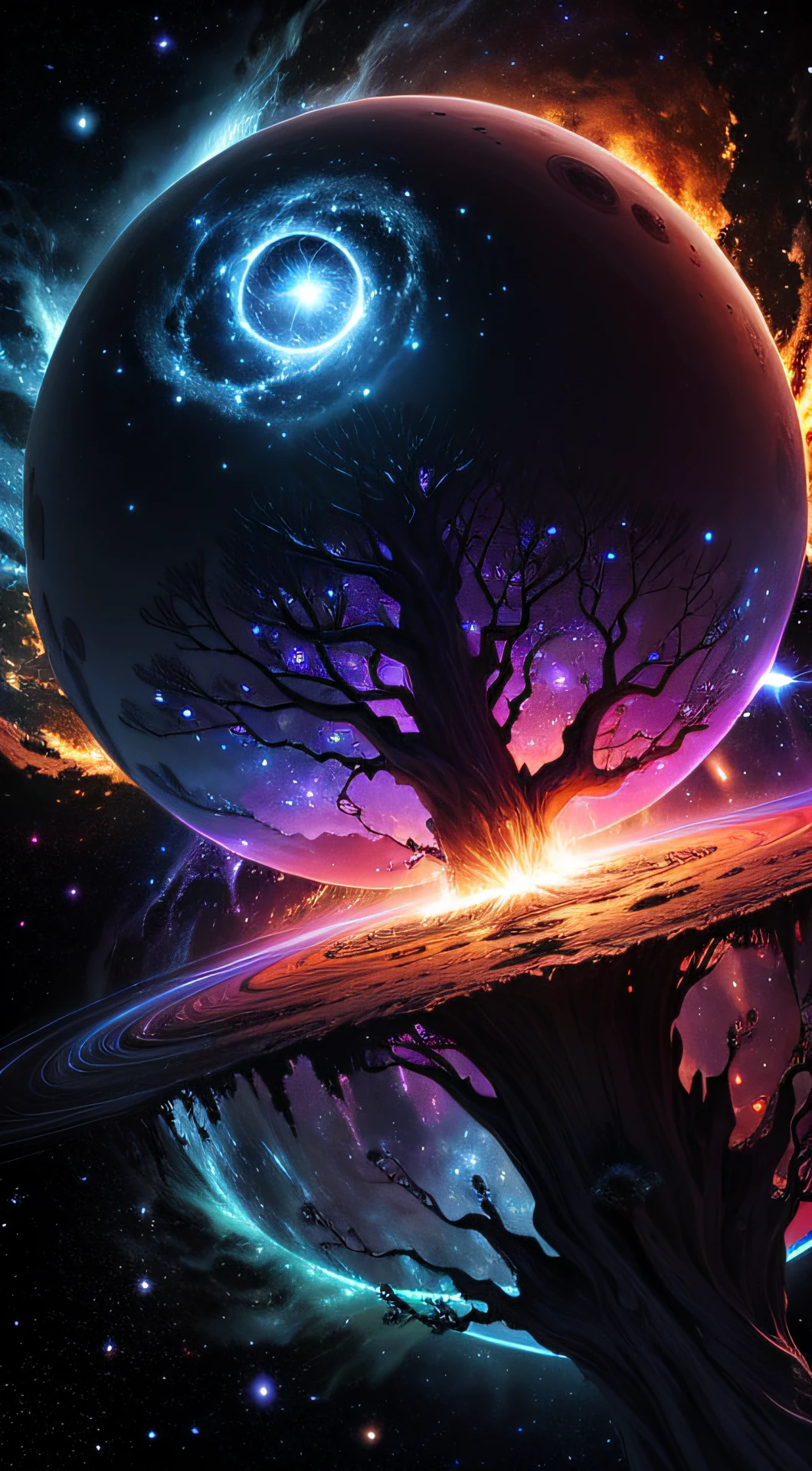 world tree,Star ring,the boundless universe,Endless galaxies,Dangerous black holes,Exploding supernova,Floating stellar nebula,Negative dark mode --auto