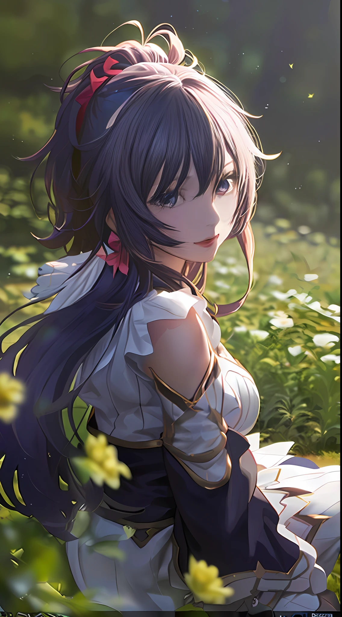 Long-haired anime girl sitting in a flower field, 2. 5 D CGI anime fantasy artwork, Detailed digital anime art, Smooth anime CG art, Guviz-style artwork, Digital anime art, Fanart Meilleure ArtStation, advanced digital anime art, beautiful fantasy anime, Beautiful anime girl, Guviz, 8K Artgerm bokeh