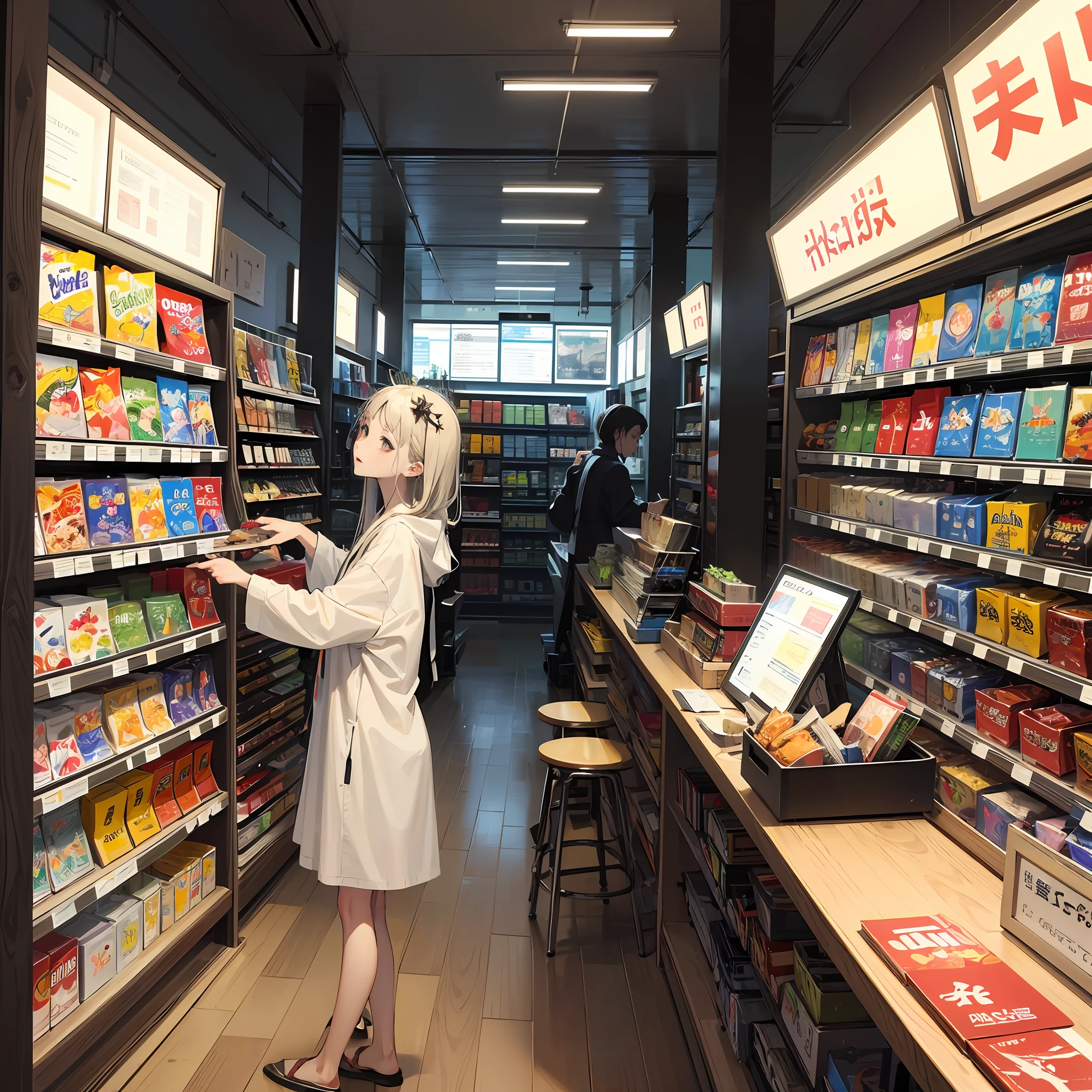 Buy beer at the cash register of a convenience store in Japan、Rotting zombie with angel halo on head, Angelic, ash, rotten, Blood, boned, Fanciful, Looking Up, Looking up at the sky, Image from the side, wingless --auto