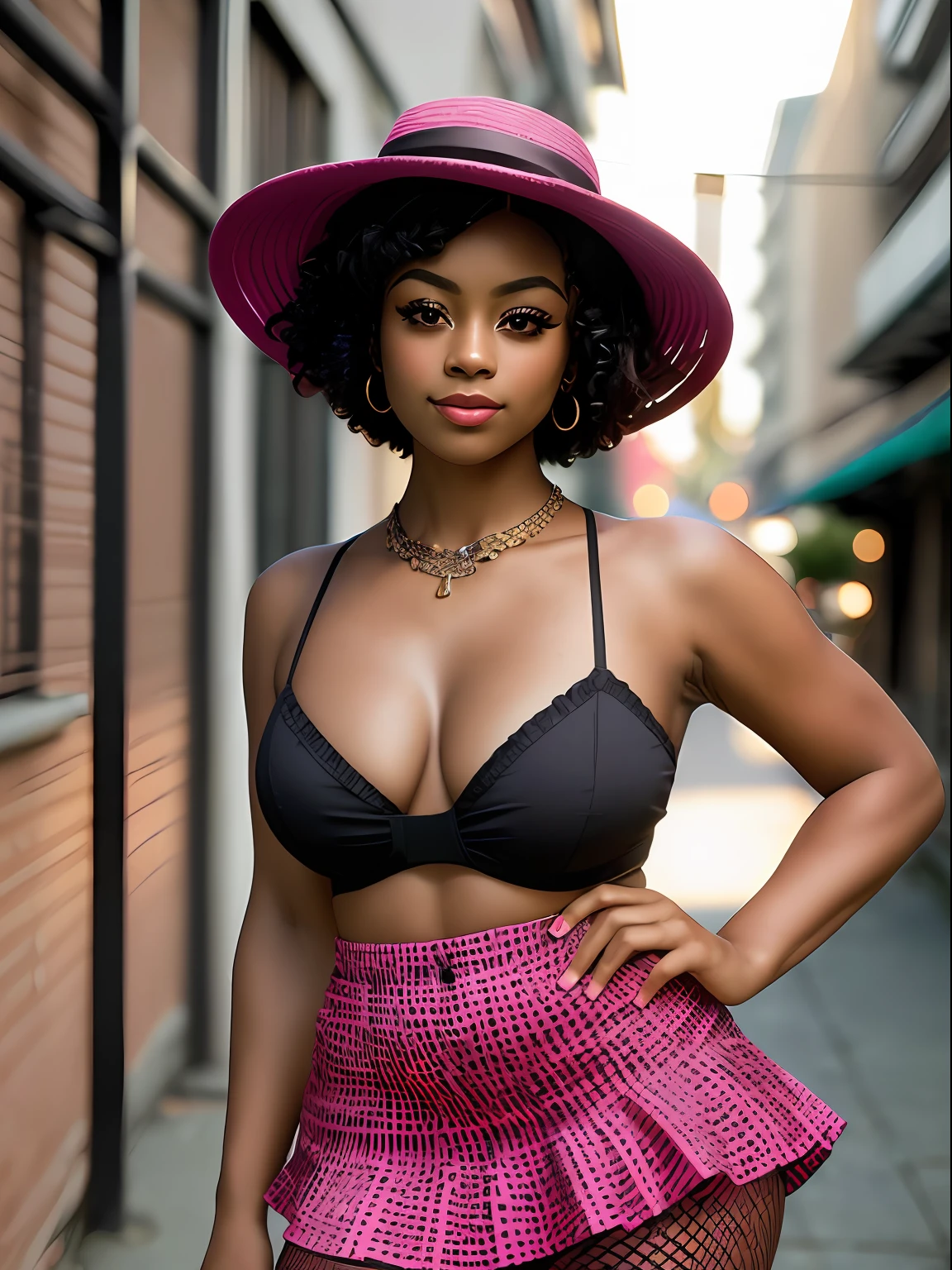 A photo of an African American 20-year-old girl dressed in a magenta unbuttoned shirt, a short skirt, black fishnet stockings, woven slides and a straw fedora hat. She poses in a nighttime back alley, the clothes accentuate her figure. short hair, beaming smile, (8k, RAW photo, best quality, masterpiece:1.2), (realistic, photo-realistic:1.37), best quality, ultra high res, (focus face:1.8), (portrait face:1.7), (high contrast:1.1), (intense:1.1), (detailed:1.1), highest quality, (analog:1.2), (high sharpness), real shadow, photographed by Canon EOS R6, 135mm, 1/1250s, f/2.8, ISO 400, (morning:1.2), (sunrise:1.2)