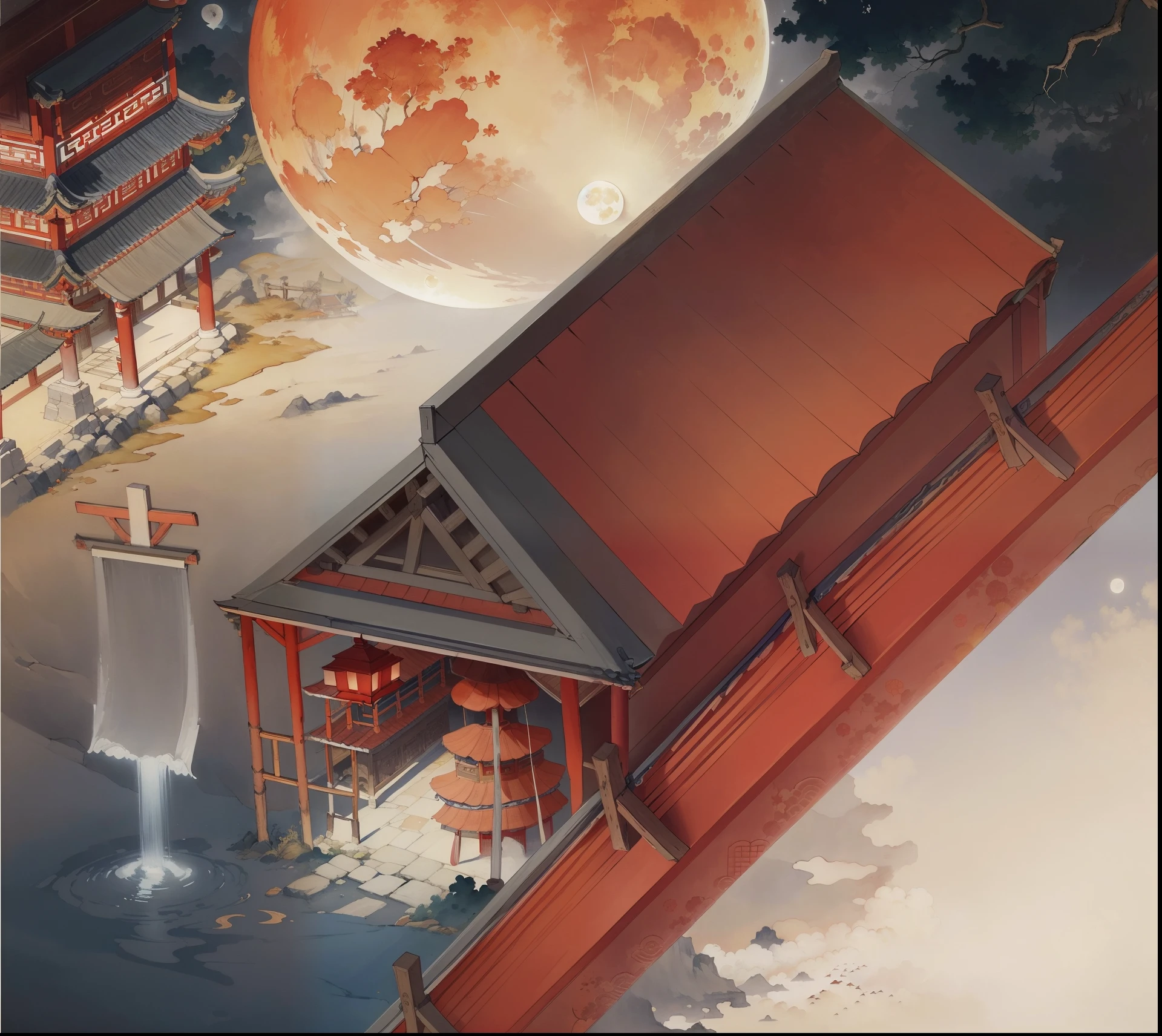 Ancient Chinese landscapes,Ancient buildings,Pavilions,Carved beams and paintings,enchanting scenery,Night,Moon light,Layered, Rich light and shadow,Mid-Autumn Festival, Ink painting style,clean color,Low-saturation colors,Colors of low brightness,Decisive cut,Leave white space,impressionistic,tmasterpiece,ultra - detailed,Epic composition, HighestQuali,hyper realisitc,Art germ --v 6