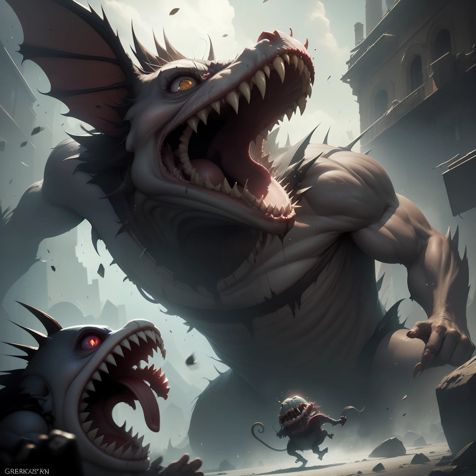 a grotesque minion shrieking and gnashing its teeth, digital art by greg rutkowski