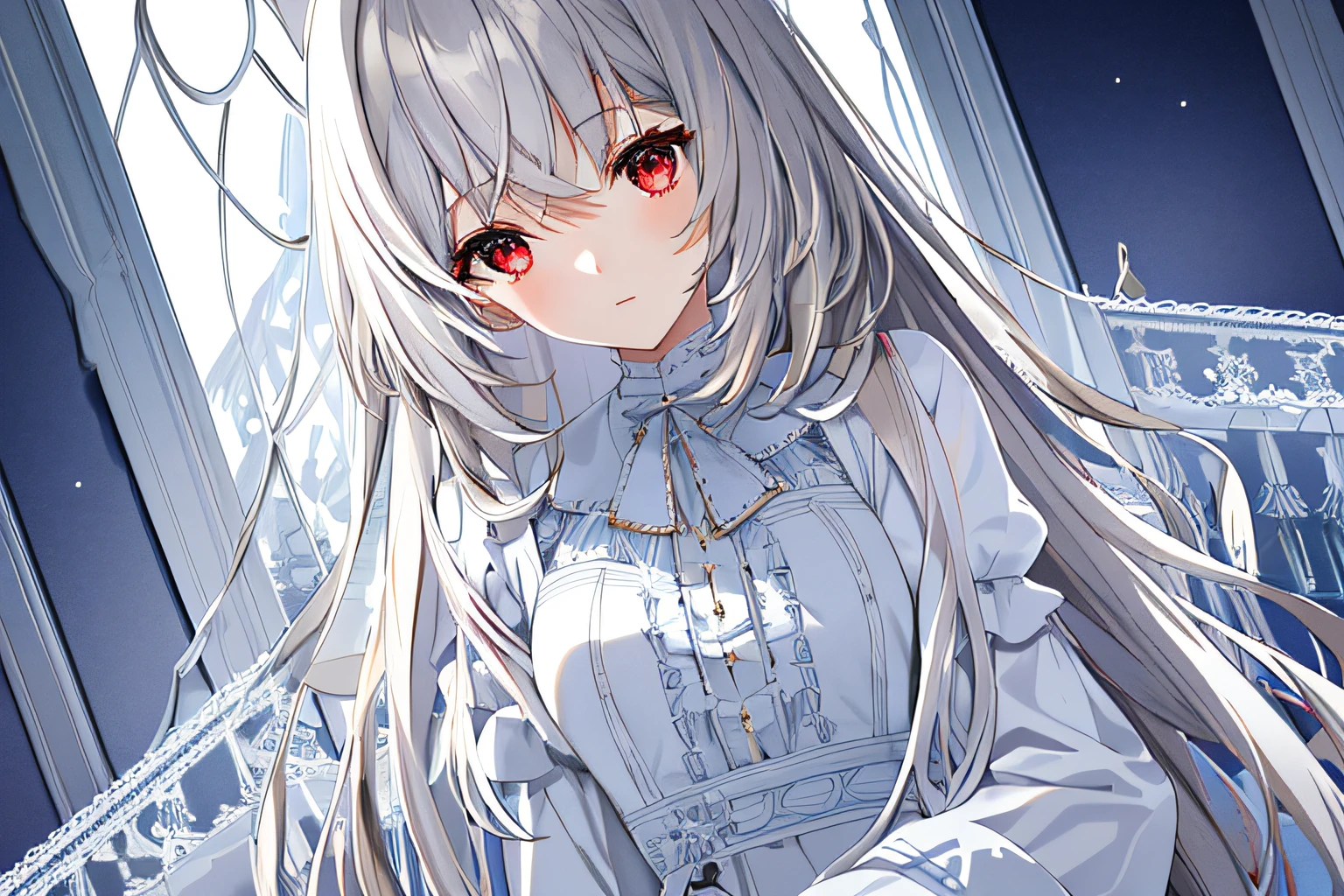 ((tmasterpiece,best qualtiy))++, detailedlight+, Detail hair+, Detail hands+ ,1girll, woman, long whitr hair, Dark red eyes, beautidful eyes, Young gray hair,,,(Beautiful white hair:1.5),(beatiful detailed eyes), A high resolution+,white pajama,white skirt,Glass tones,Reflective eyes,{{Angle}},Very detailed wallpaper,primitive,naturey,