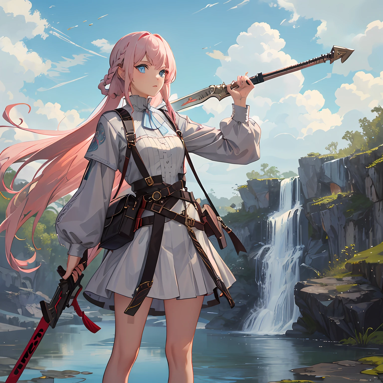 in the style of masterpiece, best quality, 1woman, (((weapon master))), intricate Heather Gray outfit, intricate background, very long hair, Bubblegum Pink hair, waterfall braid, Sky Blue eyes, swamp, sfw
