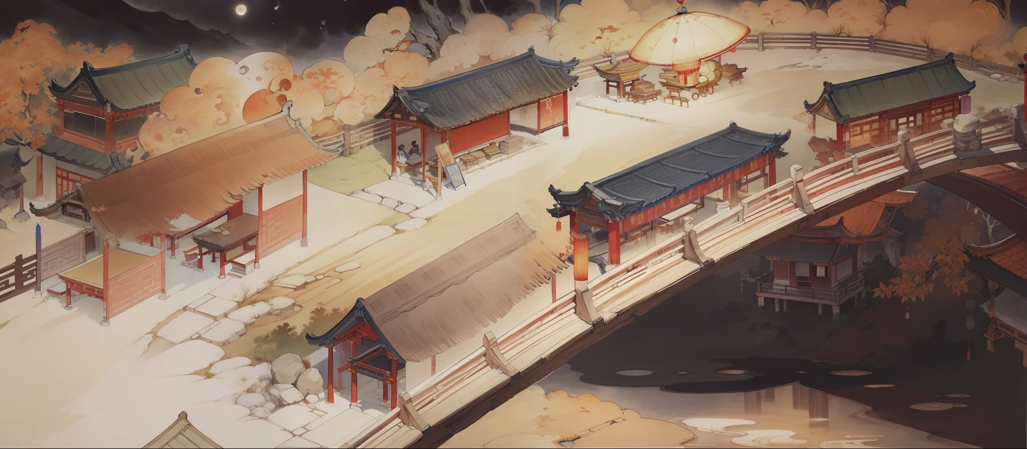 Ancient Chinese landscapes，Ancient buildings，Pavilions，Carved beams and paintings，enchanting scenery，Night，Moon light，Layered, Rich light and shadow,Mid-Autumn Festival, Ink painting style，clean color，Low-saturation colors，Colors of low brightness，Decisive cut，Leave white space，impressionistic，tmasterpiece，ultra - detailed，Epic composition,  HighestQuali，hyper realisitc，Art germ --v 6