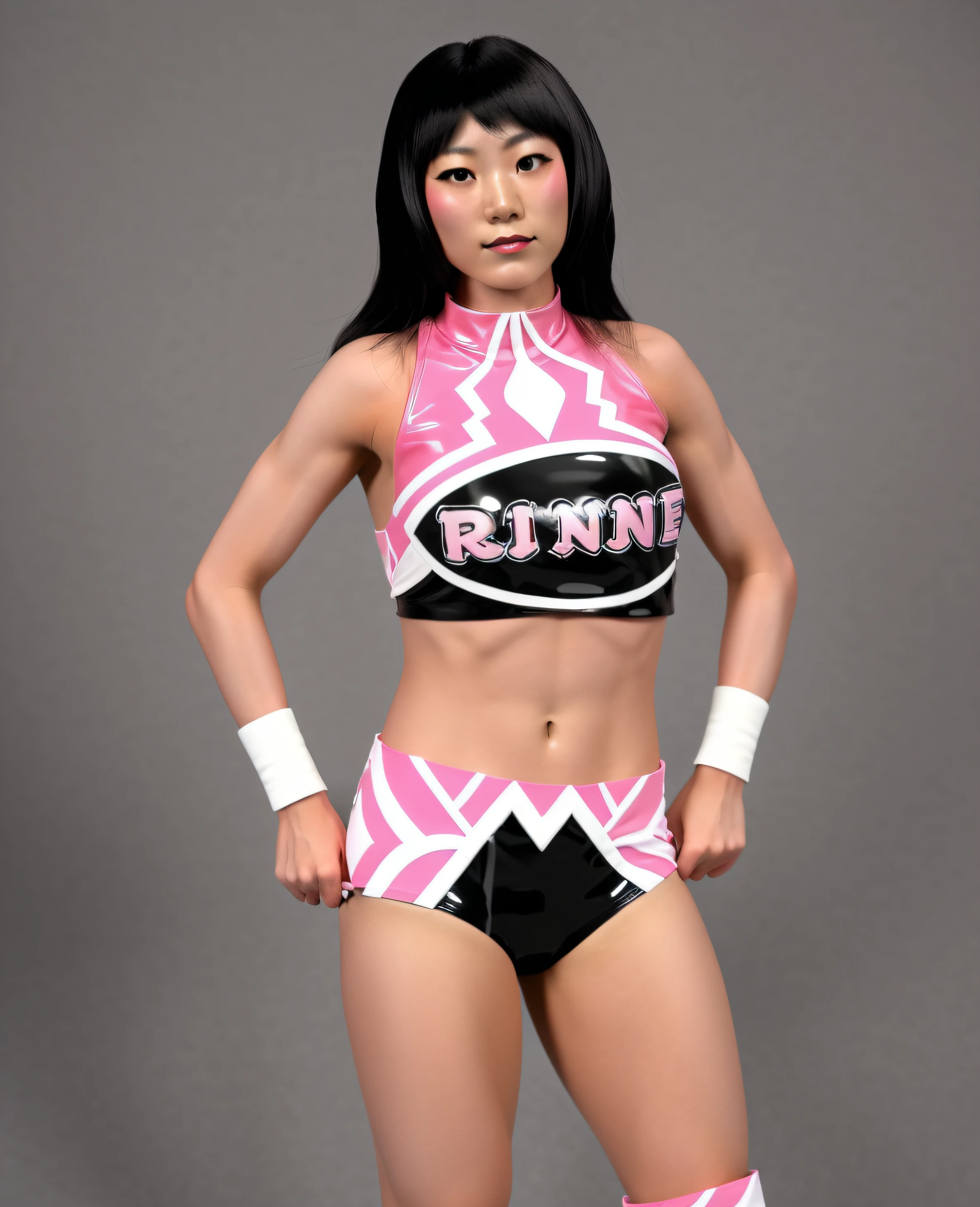 ((masterpiece, best quality)), Japanese female wrestler, in pink white and black vinyl top that says "RINNI", pink white and black vinyl trunks, white wristbands, pink white and black vinyl knee-pads, photo realistic, intricate details