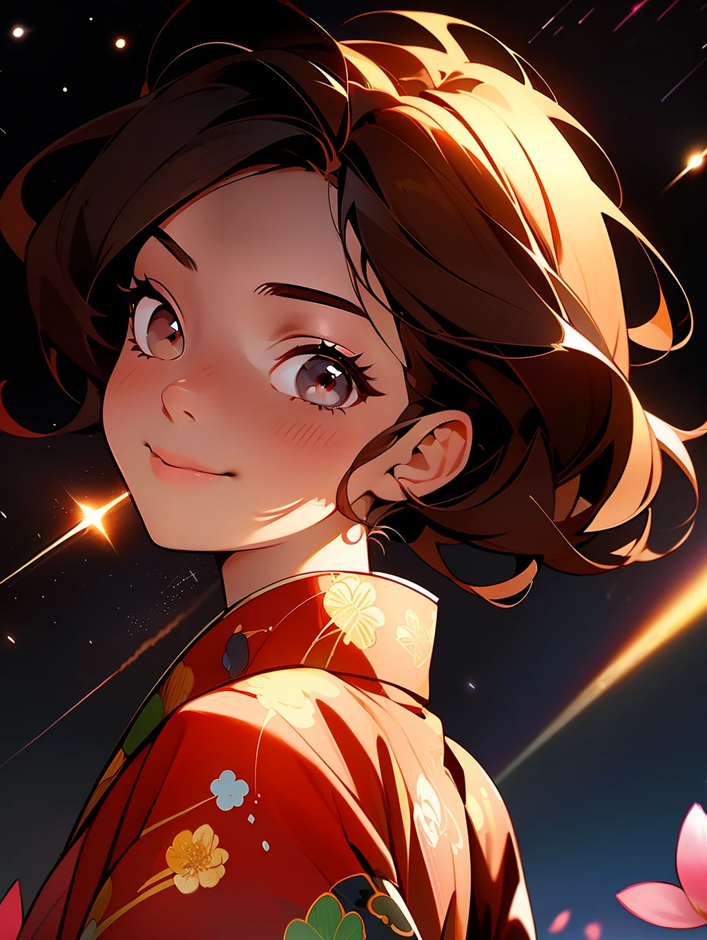 1girl, distant girl wearing a kimono staring at the stars, (zoomed out:1.1), (meteor shower:1.2), (comet:1.1), your name, low angle, from behind, aroura borealis, shooting star, yukata, red kimono, cherry blossoms, standing in a field,best quality, masterpiece,  cloud,colorful, starry,stars,