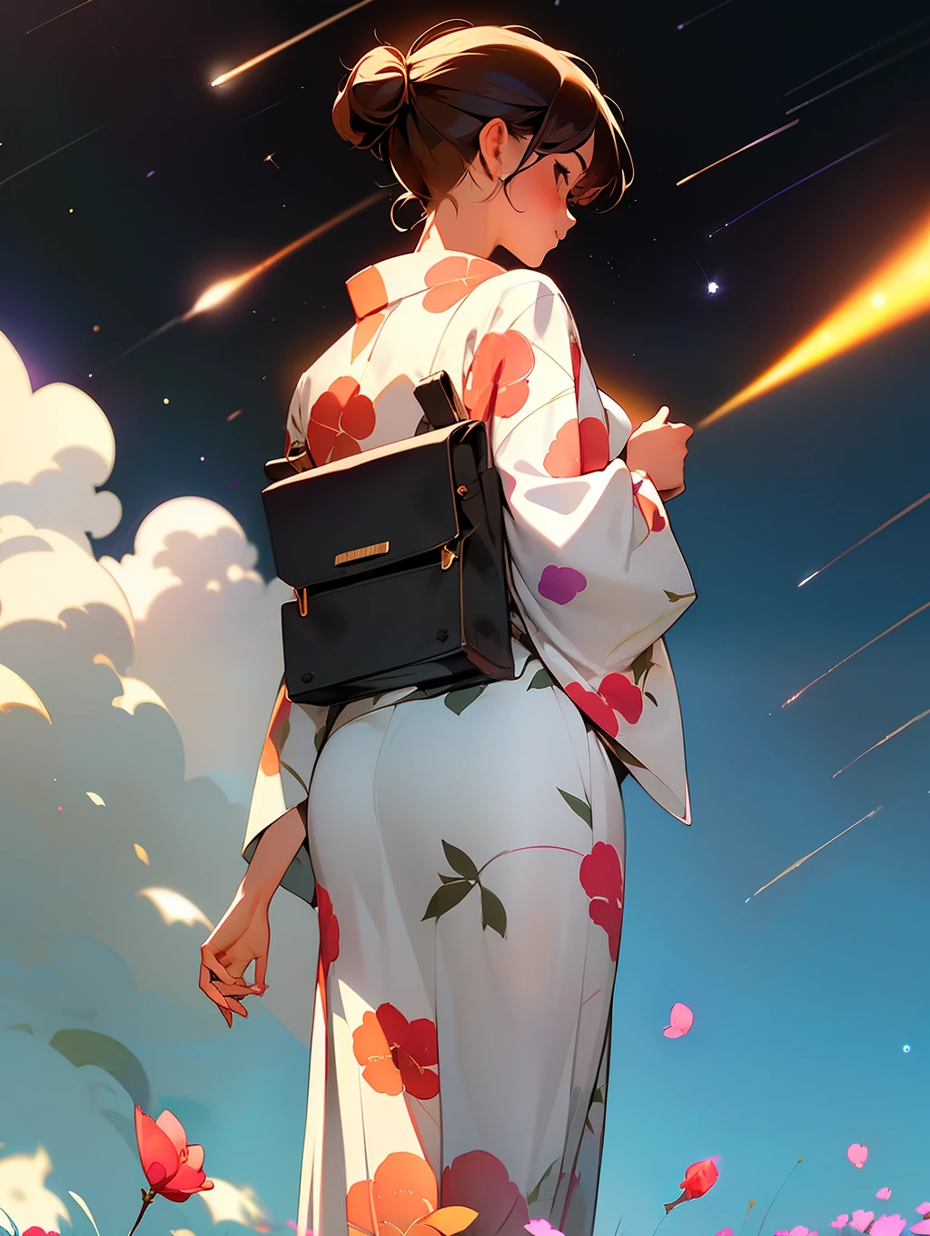 1girl, distant girl wearing a kimono staring at the stars, (zoomed out:1.1), (meteor shower:1.2), (comet:1.1), your name, low angle, from behind, aroura borealis, shooting star, yukata, red kimono, cherry blossoms, standing in a field,best quality, masterpiece,  cloud,colorful, starry,stars,