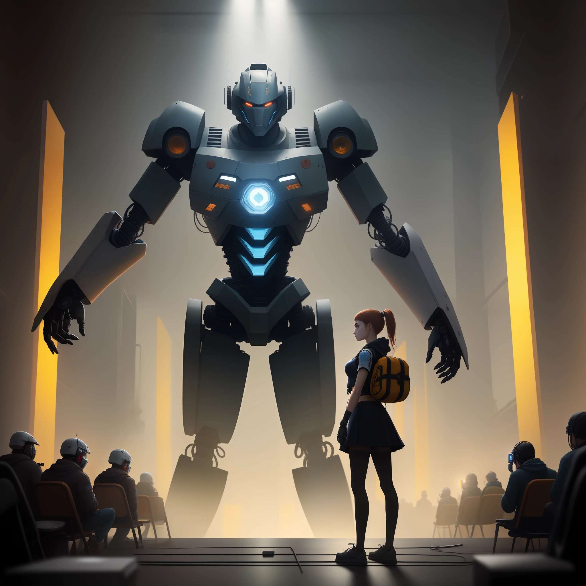 ((masterpiece, best quality)),illustration,ultra detailed 8k,photorealistic,sharp focus,highly detailed,professional lighting,colorful details,iridescent colors BREAK extreme long shot of a factory,large mechanical robot construction,microchip,computer,glowing,intricate details,shitu-mecha,1girl is standing in front of the audience,Navel
