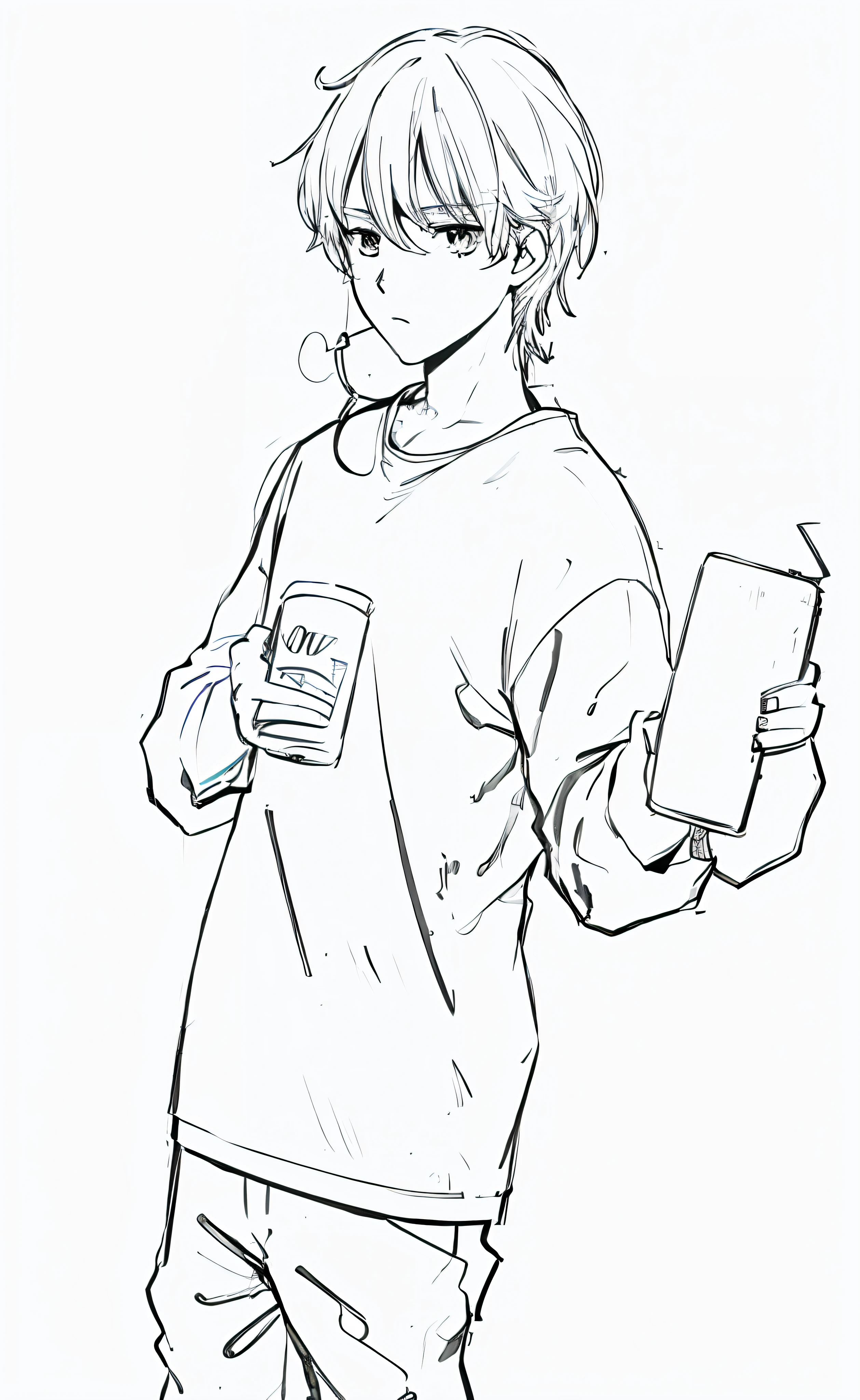Drawing of a boy holding a cell phone and a can of soda, Line sketch!!, Line sketch, author:Middle Bokuhn, extremely fine ink lineart, (ink mark), thick outline, clean ink detailed line drawing, official character illustration, ink outline, holding a drink, Line art!!, full body potrait holding bottle, Outline sketch, bold lineart