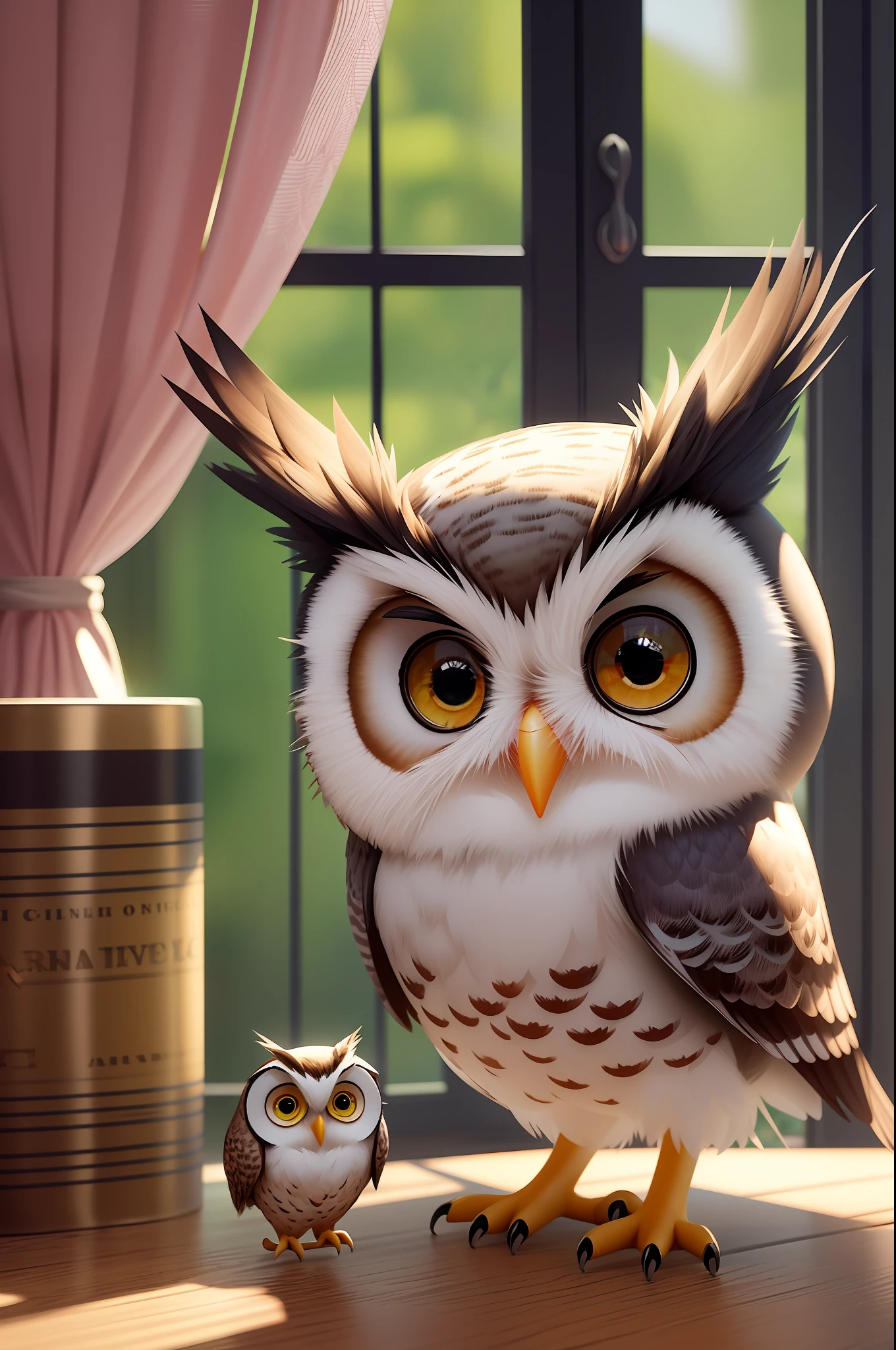 Cute little pink owl waving hello unreal engine, cozy indoor lighting, artstation, detalhado, pintura digital, cinemactic, design de personagens por mark ryden e pixar, octane render