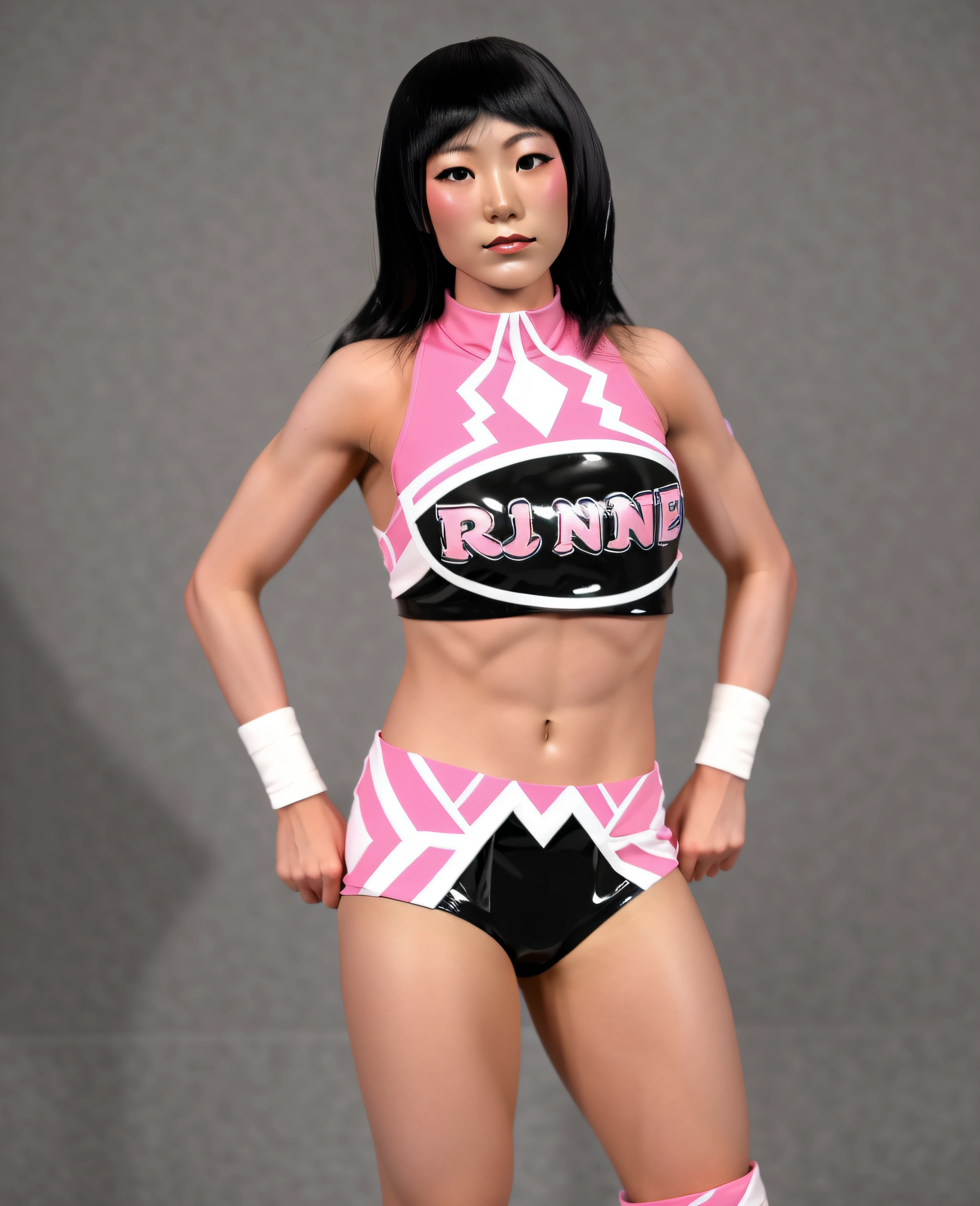 ((masterpiece, best quality)), Japanese female wrestler, in pink white and black vinyl top that says "RINNI", pink white and black vinyl trunks, white wristbands, pink white and black vinyl knee-pads, photo realistic, intricate details