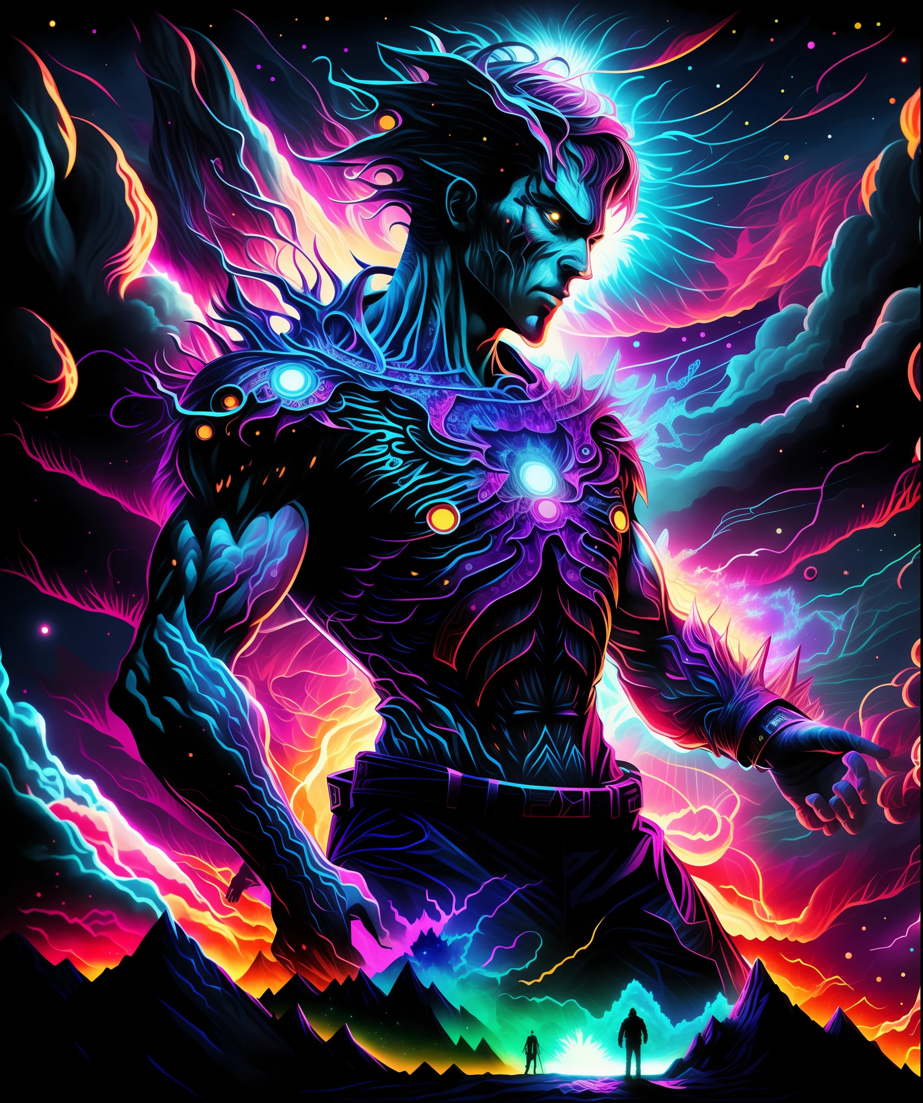 Incredible and spectacular scene,A man emerges from a glowing cloud,Fractal nebula line,cosmic entity,Um ser celestial,kosmos,vibrant and vivid,swirles,twirl,nonrealistic,hight contrast,Co-metabolism,magical,mistic,mistic,hyper realisitc,Oversaturation,rich colourful