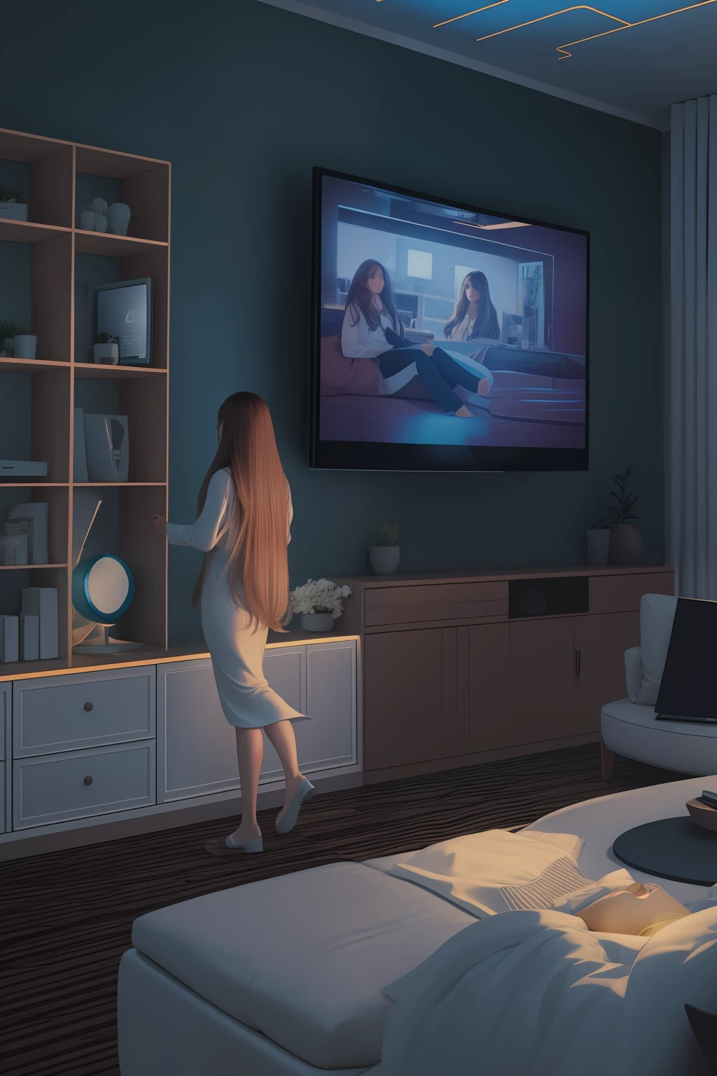 Long-haired woman facing backwards and watching tv, her body not covering the screen. at night in the aesthetic room
