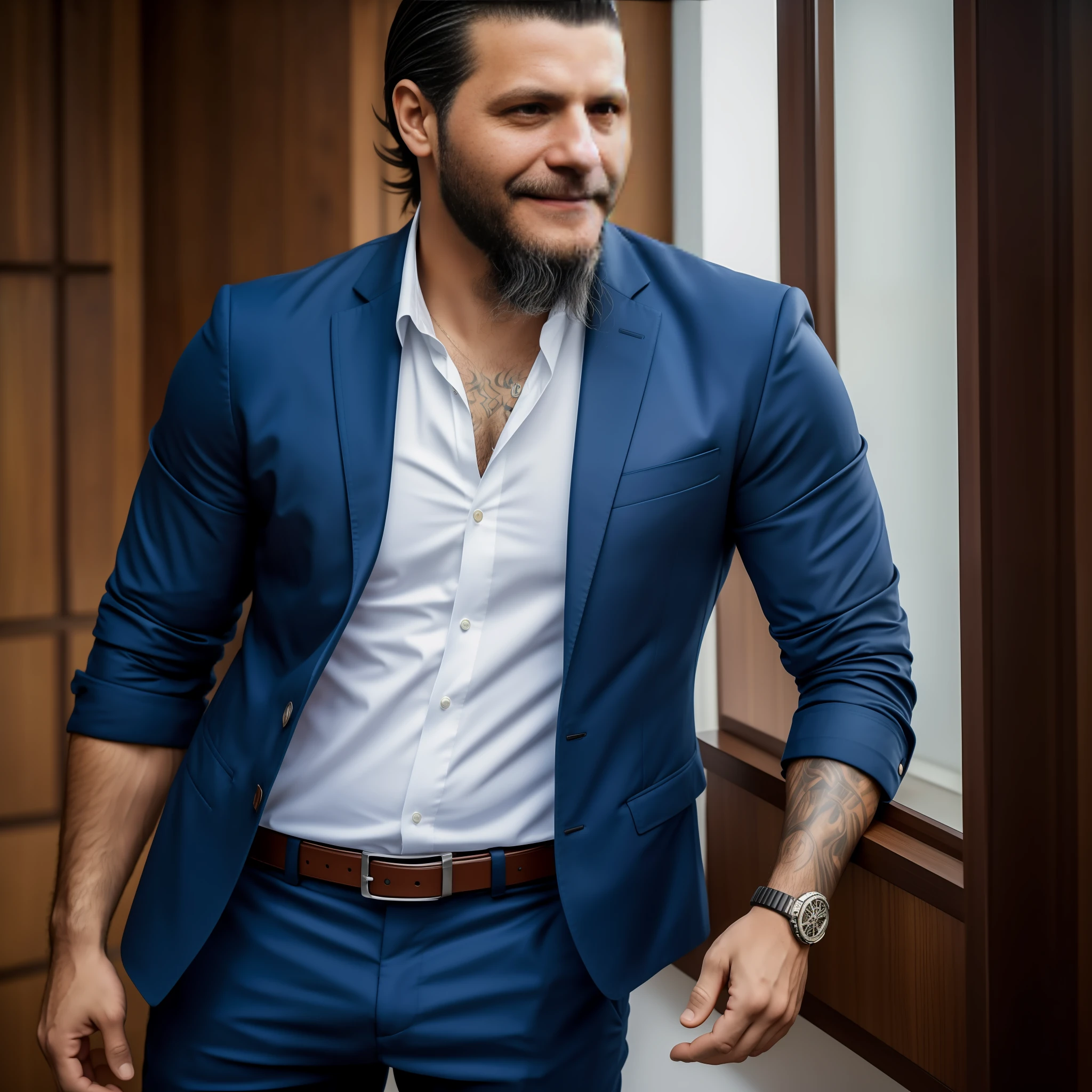 uma foto crua do homem sorrindo, melhor qualidade, 8k uhd, dslr, estilo modelshot, melhor qualidade, grain of film, vehicle, ao ar livre, fundo da cidade, dinamic pose, franzir a testa, a tidy blazer and a nice beard, camisa aberta, mosca aberta, cinto aberto, adulto, cabelo castanho, sleeves rolled up, ow hanzo
