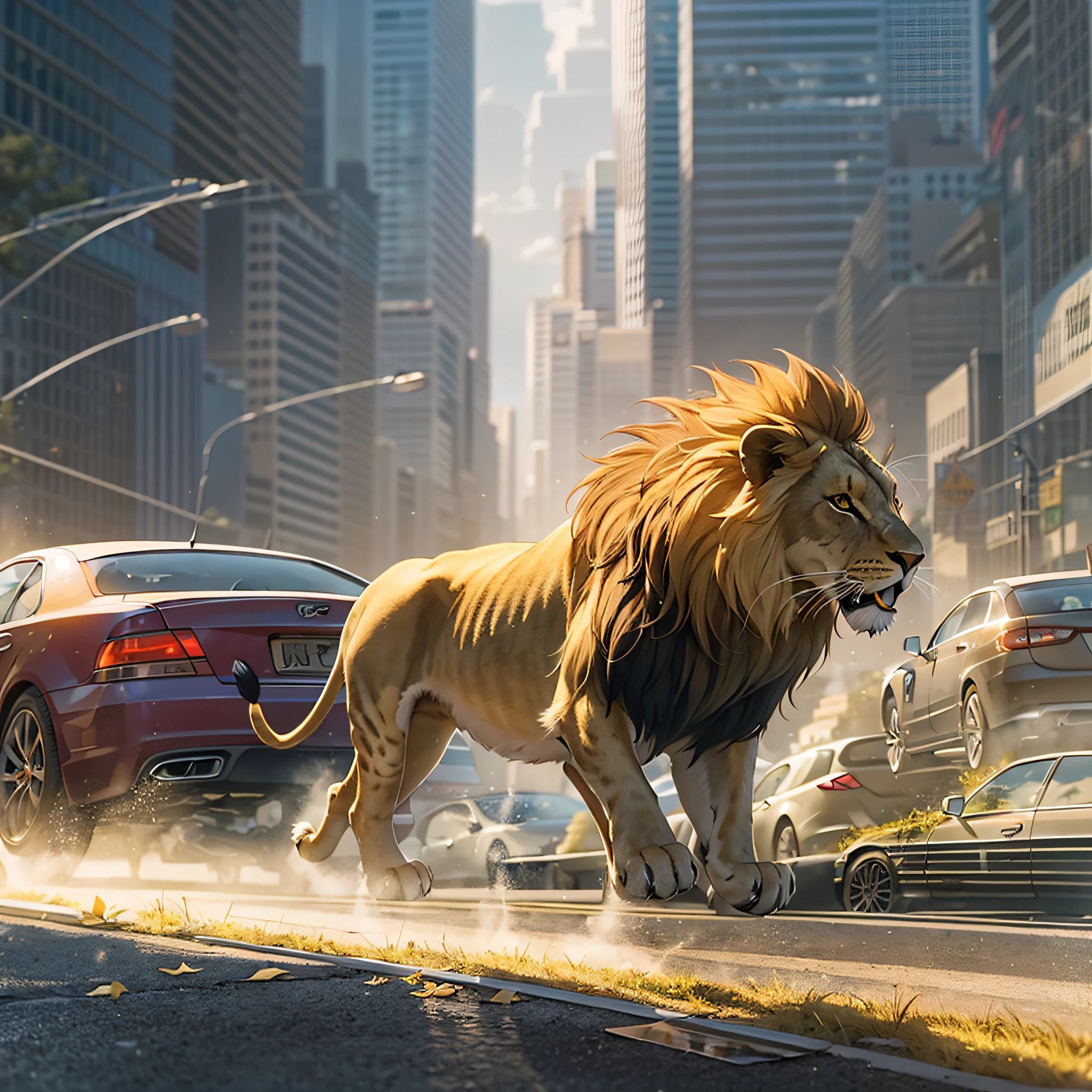 In the picture, a lion collides with a car on the highway,strike,Make the image more visually striking,best qualtiy,tmasterpiece,4k,Estilo de Makoto Shinkai,illustration