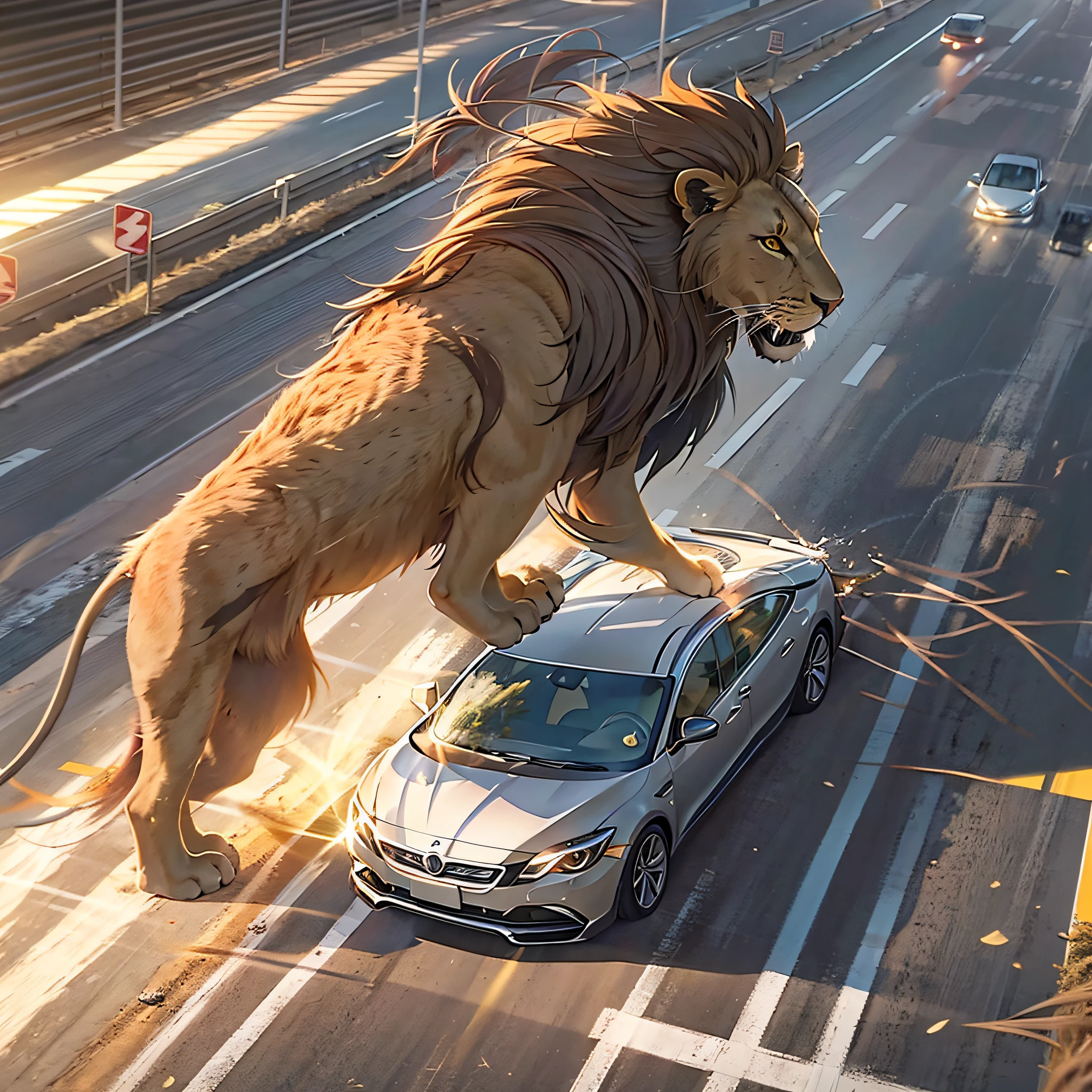 In the picture, a lion collides with a car on the highway,strike,Make the image more visually striking,best qualtiy,tmasterpiece,4k,Estilo de Makoto Shinkai,illustration