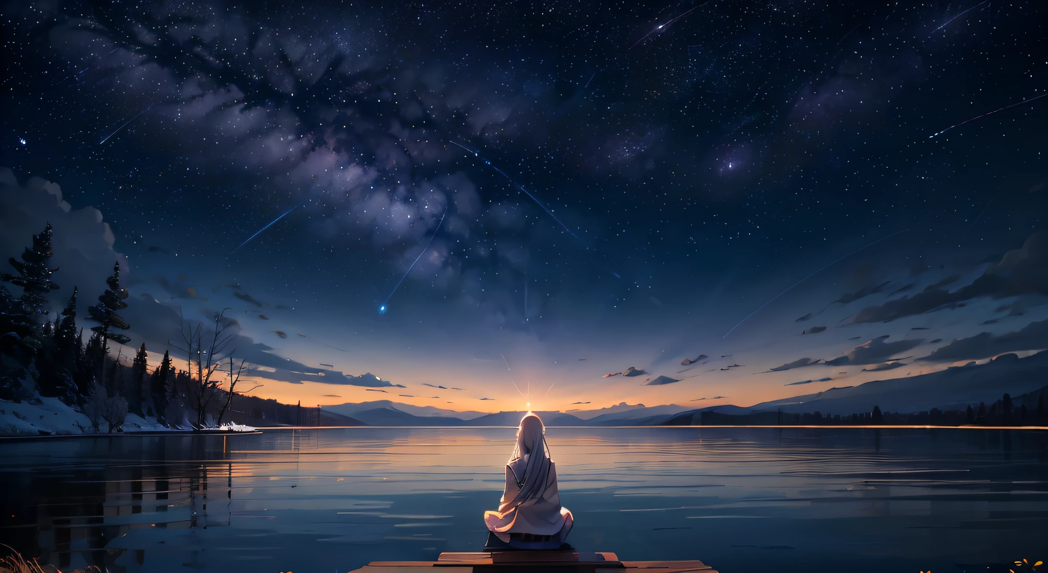 Calm lake,People who meditate,Pitch black sky,A shooting star