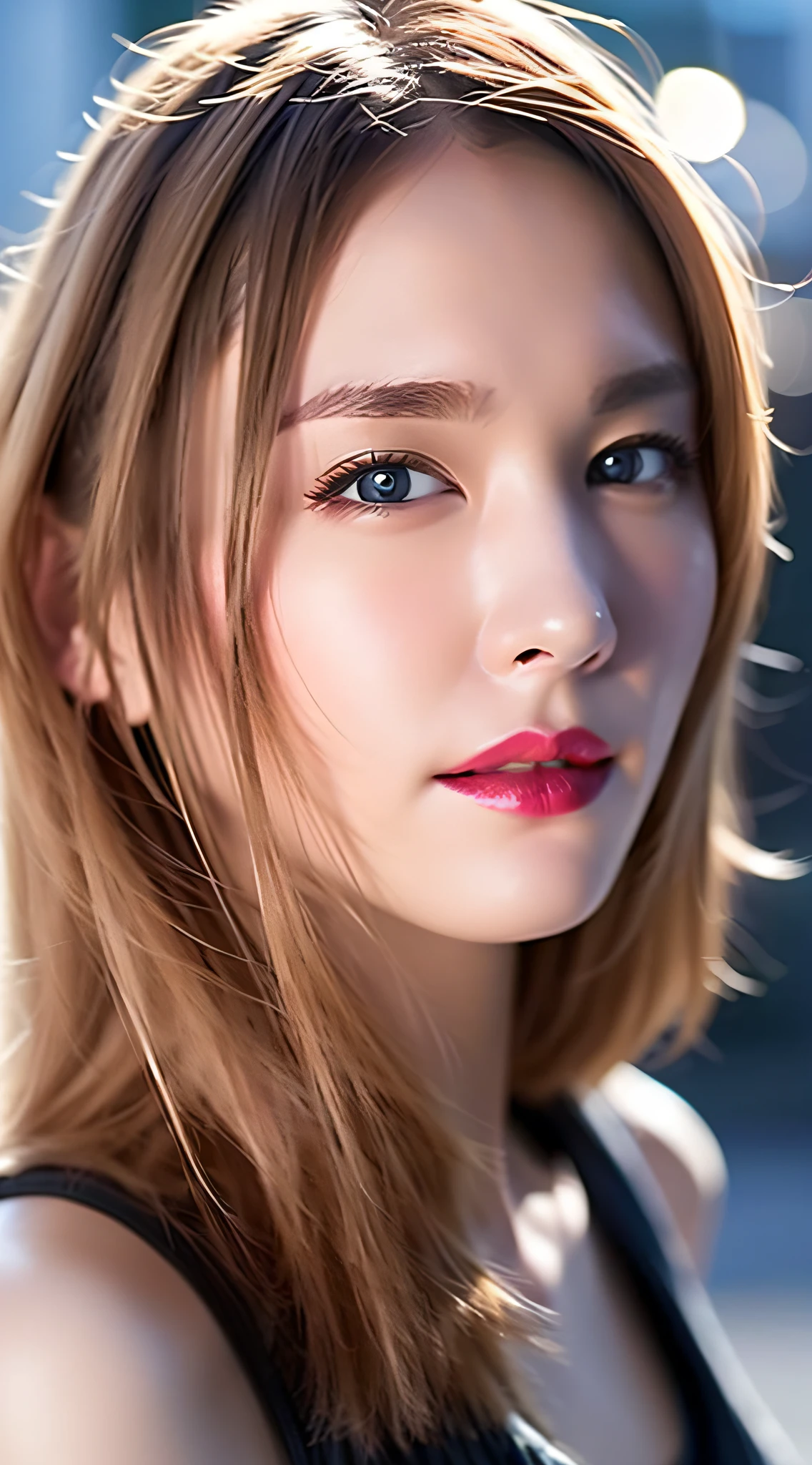 Bright blonde semi-long hair、(a blond:1.5)、(Blue eyes:1.4)、Red Lipstick、Colossal tits、city street at night、lighting on the face、Bright backlight、超A high resolution、top-quality、Photos、(Photorealsitic:1.2)、(Black lace underwear:1.5)