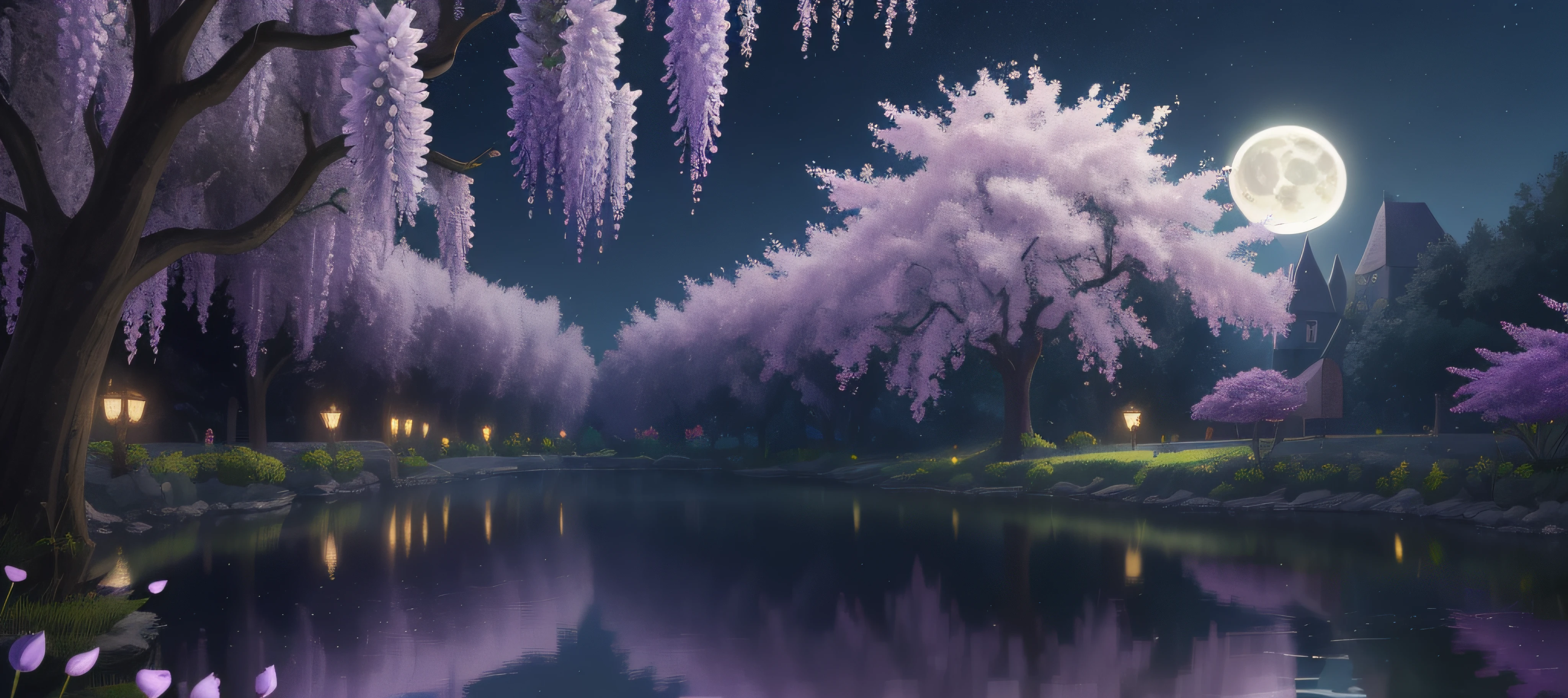 backround, CG, pnon, night, moon, wisteria, cheery blossom, one side is sky and the other is pond, panorama, ray tracing, reflection light, polar opposites, 8K, masterpiece, best quality, high quality, high details, super detail, highres, UHD