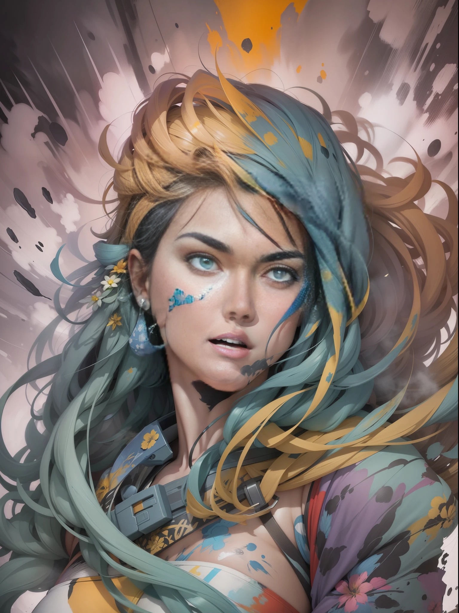 ::Jason Fabok e estilo Yoji Shinkawa ::2.0 comix illustration style,Estilo Tatoon , Comic book style ,Ashley Alexiss,mulher bonita com cabelo longo ultra detalhado, (fundo bonito ultra colorido :1.2)Misto-idioma_Texto, letras japonesas em graffit,, fantastic paintings ,Estilo grafite;, flor, olhos altamente detalhados , uma camiseta ou vestido com uma blusa branca por baixo, with position, e pulseiras, com longos cabelos pretos , Colorful Gradient HDR, fora, Vibrando, Fantastic paintings by Joe Madureira ,alta qualidade, --AR 3:4 --upbeta --teste --criativo ,526mix, melhor qualidade, alta qualidade, extremamente detalhado CG unidade 8k papel de parede, HDR, trending on ArtStation, trending in cgsociety, High detail,