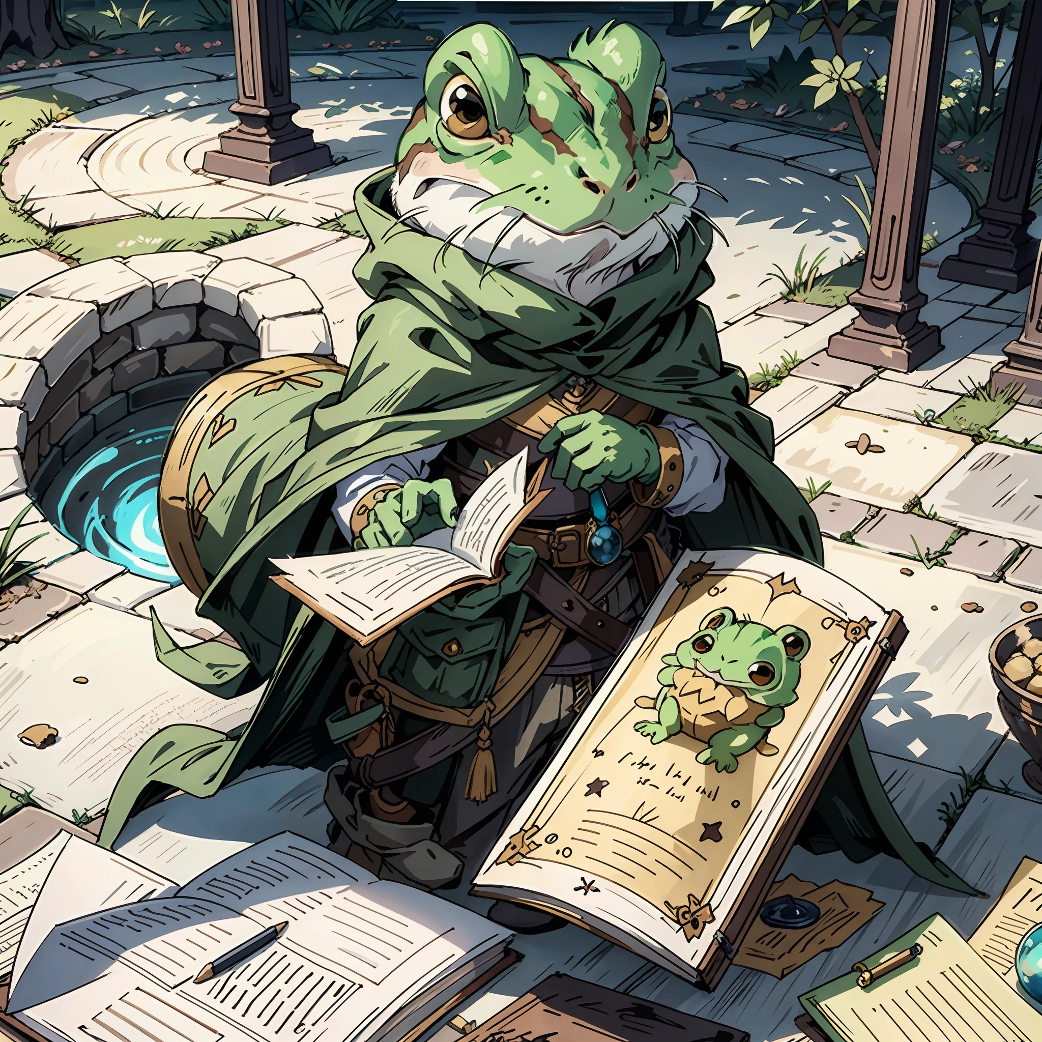 masterpiece, best quality, Cu73Cre4ture, toad wearing a cloak,hood,alchemy, potions,scrolls,drawings, Fantasy aesthetics, Highly detailed, shadowverse style