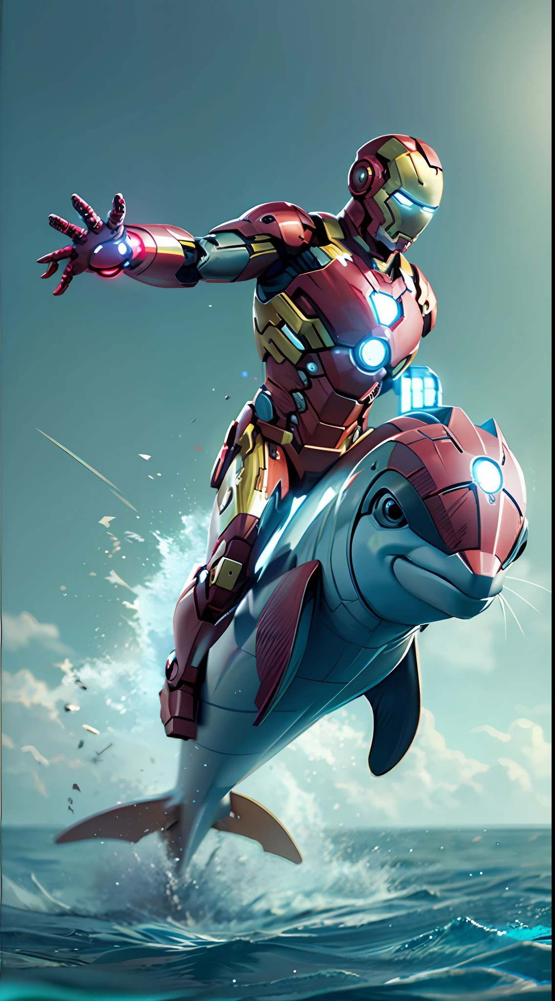 ironman riding dolphin. octane render, unreal engine, highly detailed, intricate