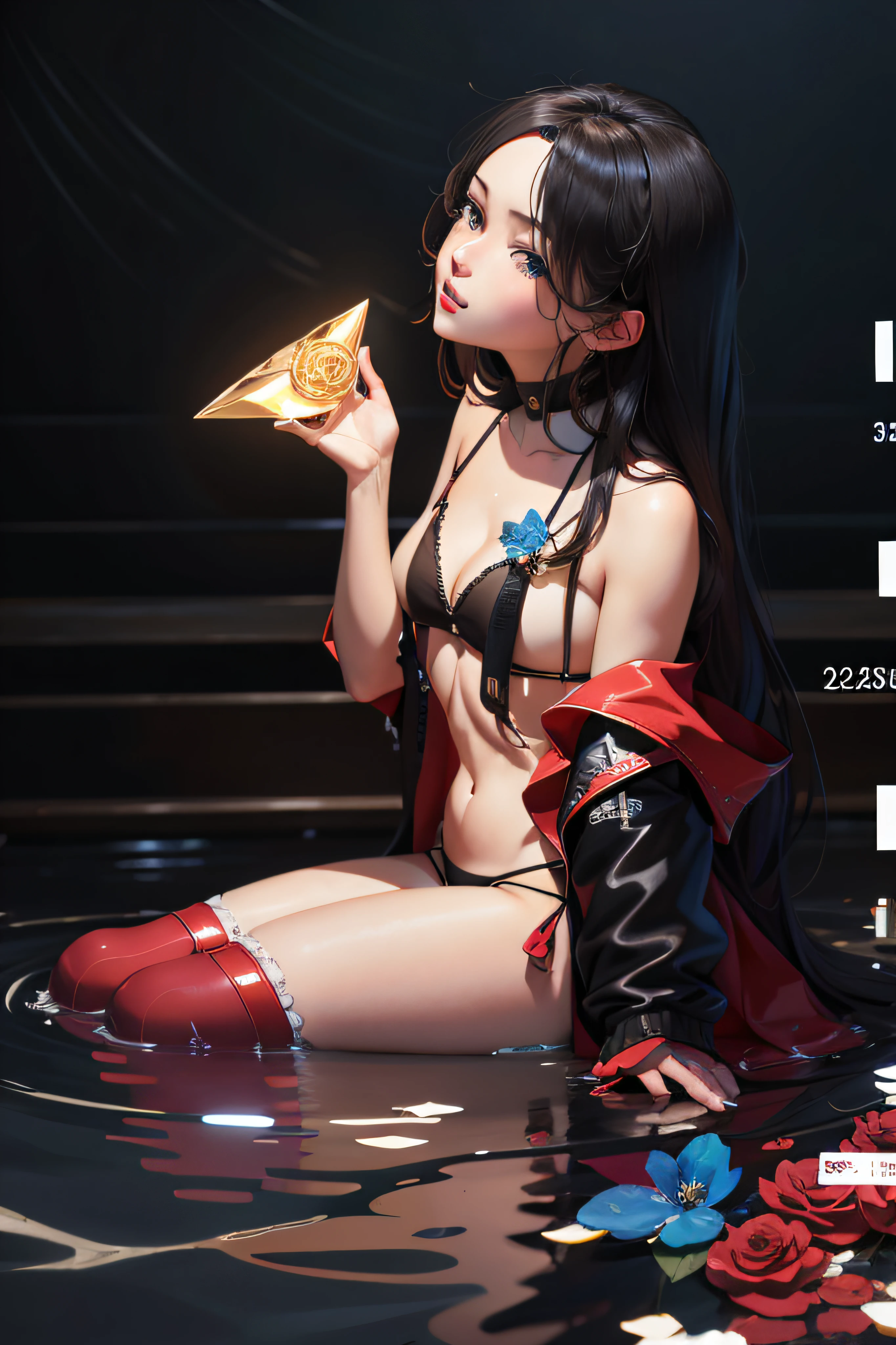 Pronst (masterpiece:1.2, best quality:1.2, beautiful, high quality, highres:1.1, aesthetic), detailed, extremely detailed, ambient soft lighting, 4K, perfect eyes, perfect face, perfect lighting, 1girl, alternate breast size, long black hair, breasts, glowing, glowing eyes, hair between eyes, medium breasts, lips, long hair, looking at viewer, on back, parted lips, plump, blue diamond eyes, blue ocean eyes, solo, medium breasts, arms at sides, (blue theme),verano, desierto, nubes rosadas, A land covered with roses meets beautiful girl, James Gurney, rendered art station, lente ultra gran angular, Hi-Def, (papel tapiz CG unidad 8k extremadamente detallado, obra maestra, mejor calidad, ultra detallado), (better lighting, mejor sombra, una extremadamente delicada y hermosa) 22-year-old girl, una sonrisa brillante en su rostro. Chica de anime sentada en el suelo con un diamante en la mano, Tendencias en ArtStation Pixiv, De Girls Frontline, de Arknights, pixiv 3dcg, seductora chica de anime, Mejor valorado en Pixiv, Xilaxia de cuerpo completo, Estilo Azur Lane, Ranking diario de Pixiv, en pixiv, Tendencias en CGVatstation, Arte Zerochan