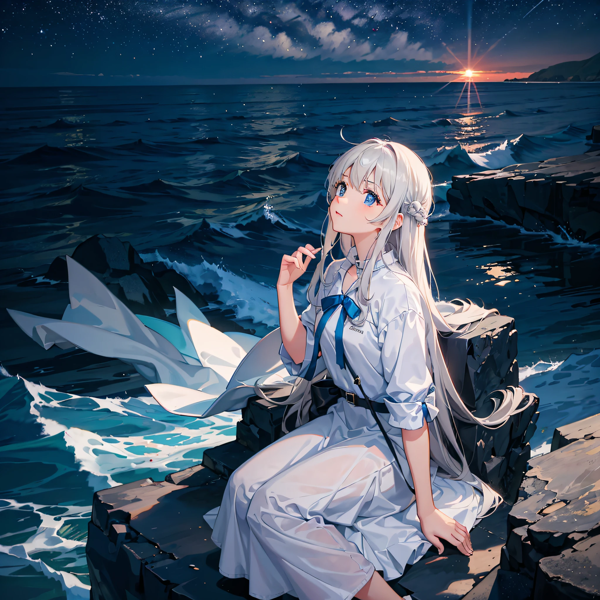 A girl looks up at the bright starry sky over the sea，The setting sun is faintly visible --auto