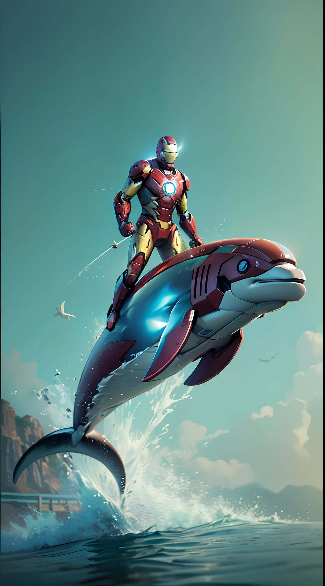 ironman riding dolphin. octane render, unreal engine, highly detailed, intricate