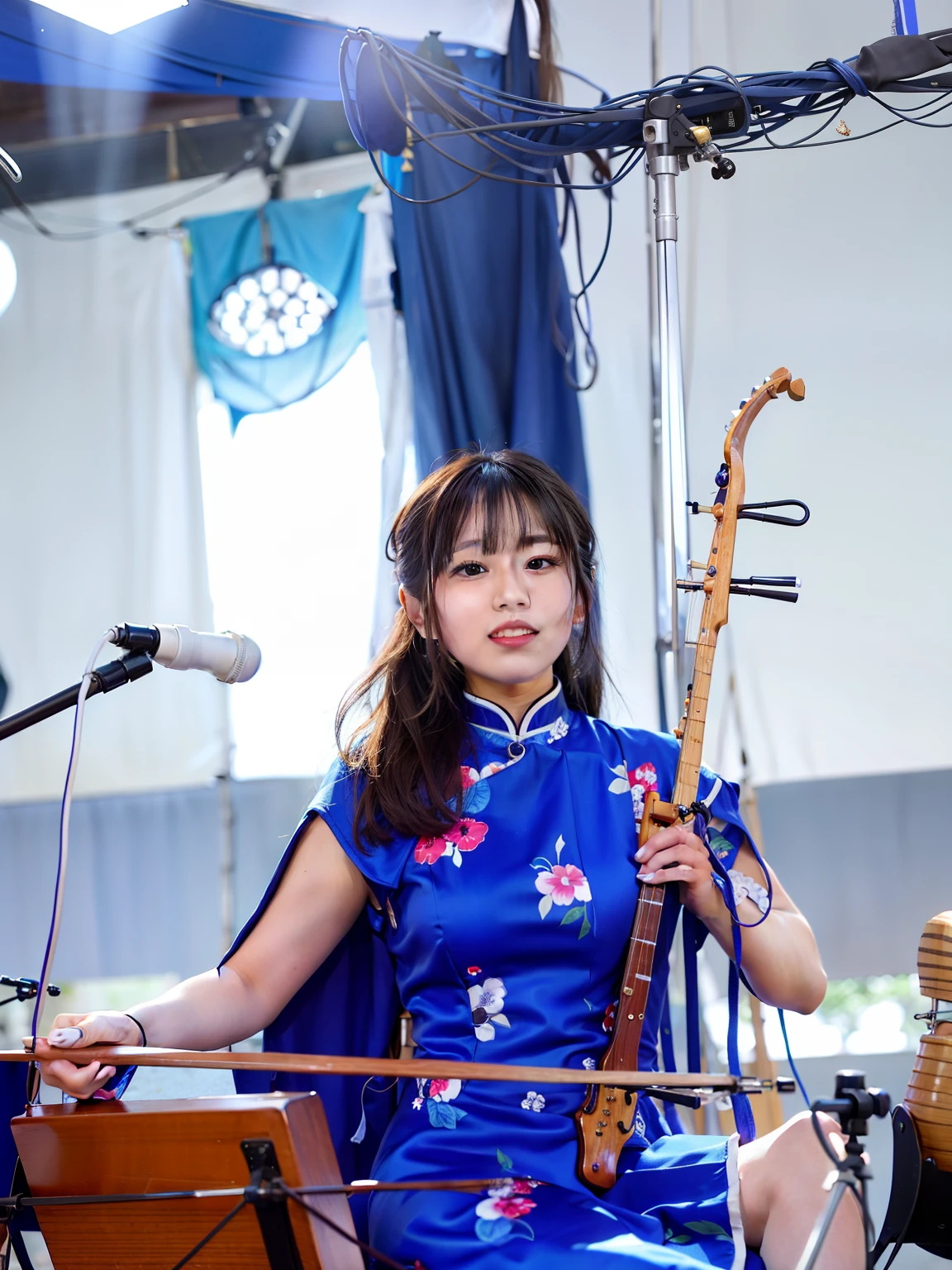 Woman in blue dress playing musical instrument on stage, taken in the early 2020s, in a blue qipao, Yuuki Hagure, taken in 2 0 2 0, It's Yuuki, Japan Women, song nan li, wearing a blue qipao dress