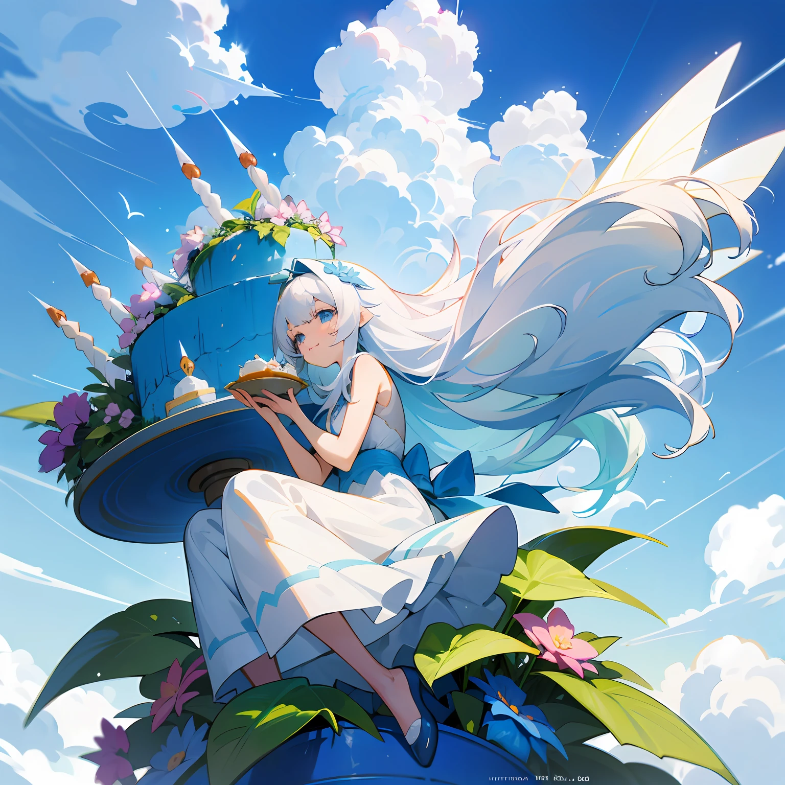 Long white curly hair,Qi bangs,white dresses,blue color eyes,Two-dimensional style,ssmile,The birthday cake,Fairy tale background,style of anime,It is surrounded by flowers and plants, Blue sky and white clouds ,ultraclear
