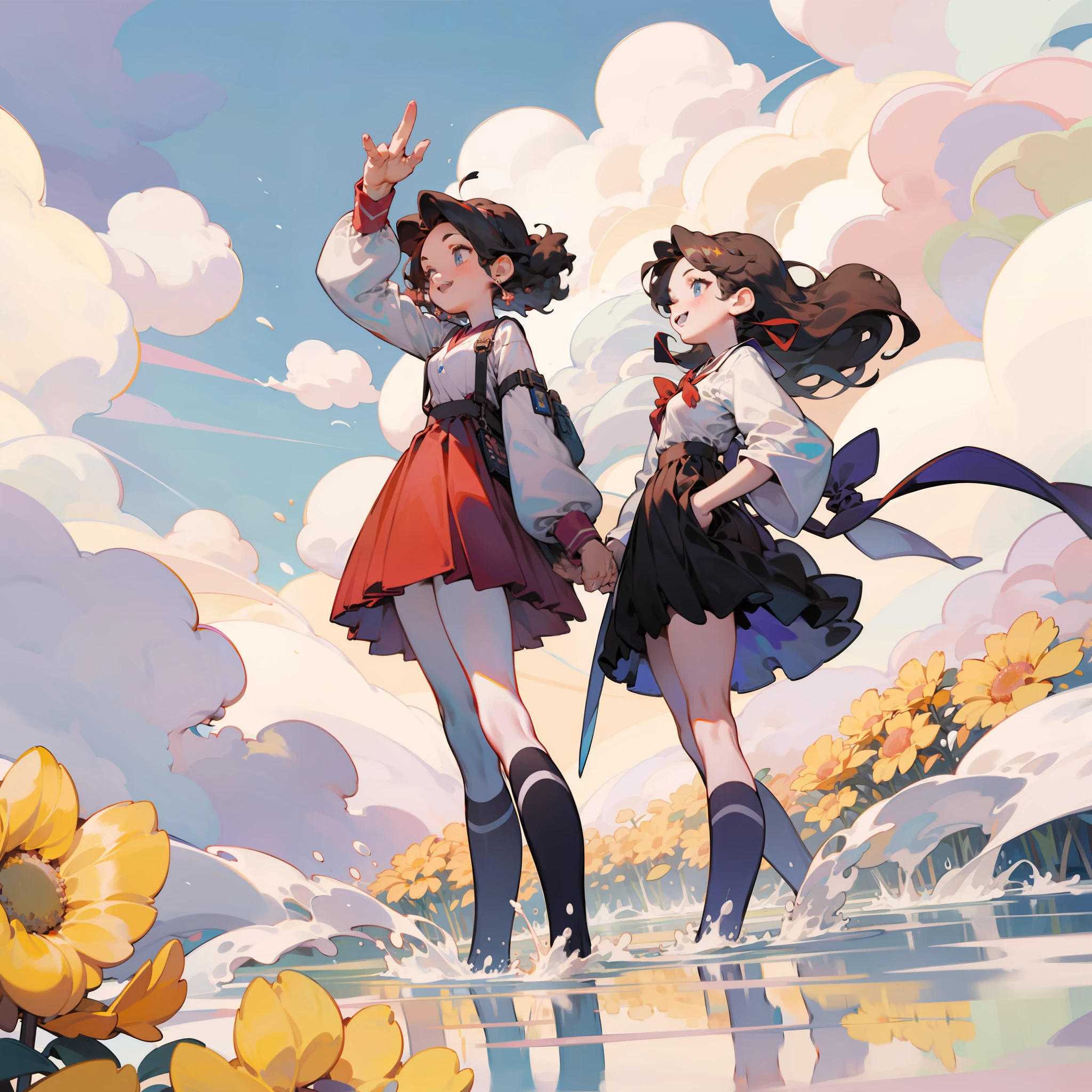 best qualtiy,Need,tmasterpiece,Very detailed,twogirls,brunette color hair,Stand on the clouds,校服,wind blown,cheerfulness