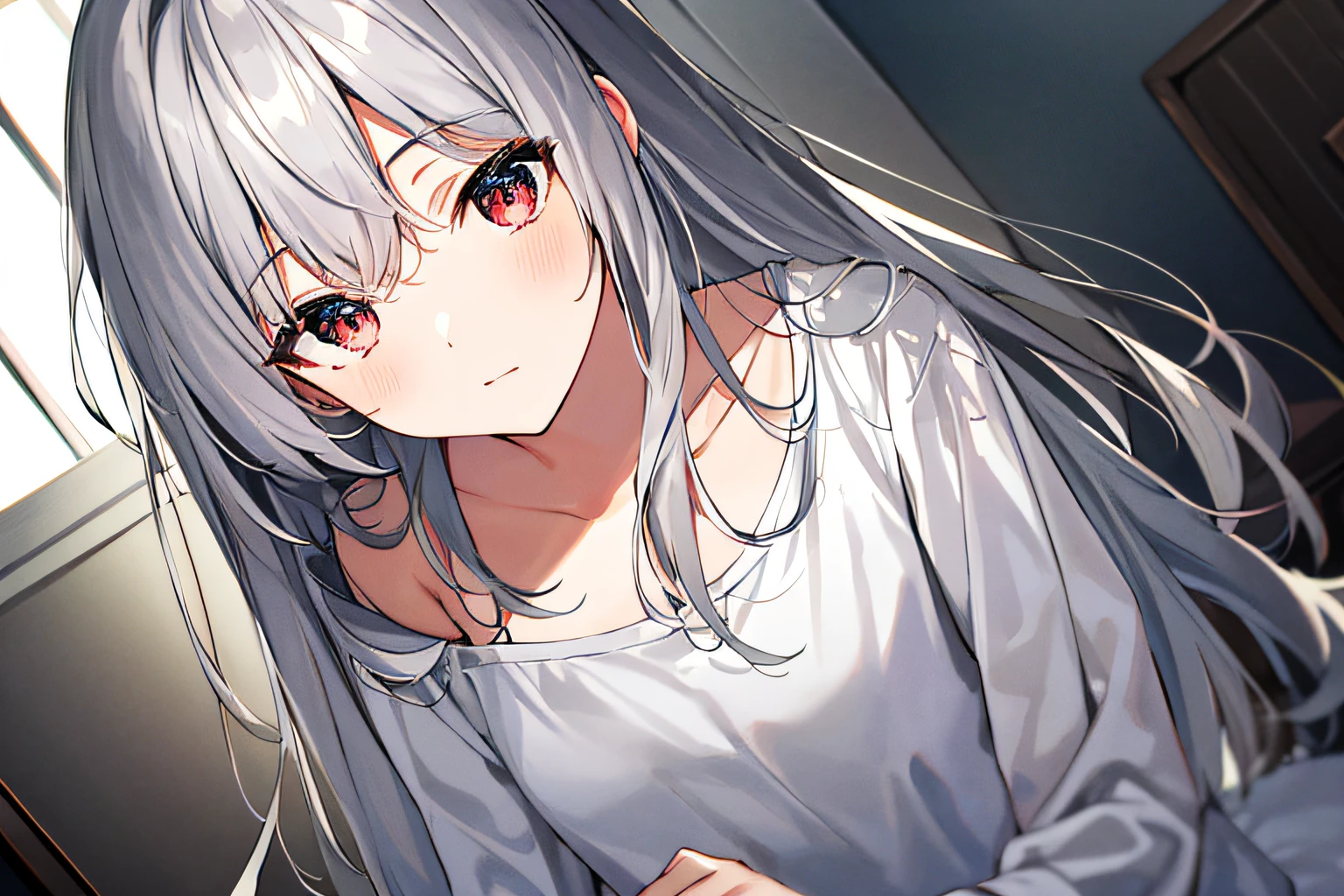 （（tmasterpiece，best qualtiy））++， detailedlight+， Detail hair+， Detail hands+ ，1girll， woman， long whitr hair， Dark red eyes， beautidful eyes， Young gray hair，，，（Beautiful white hair：1.5），（beatiful detailed eyes），  A high resolution+，white pajama，white  skirt，Glass tones，Reflective eyes，{{Angle}}，Very detailed wallpaper，primitive，naturey，