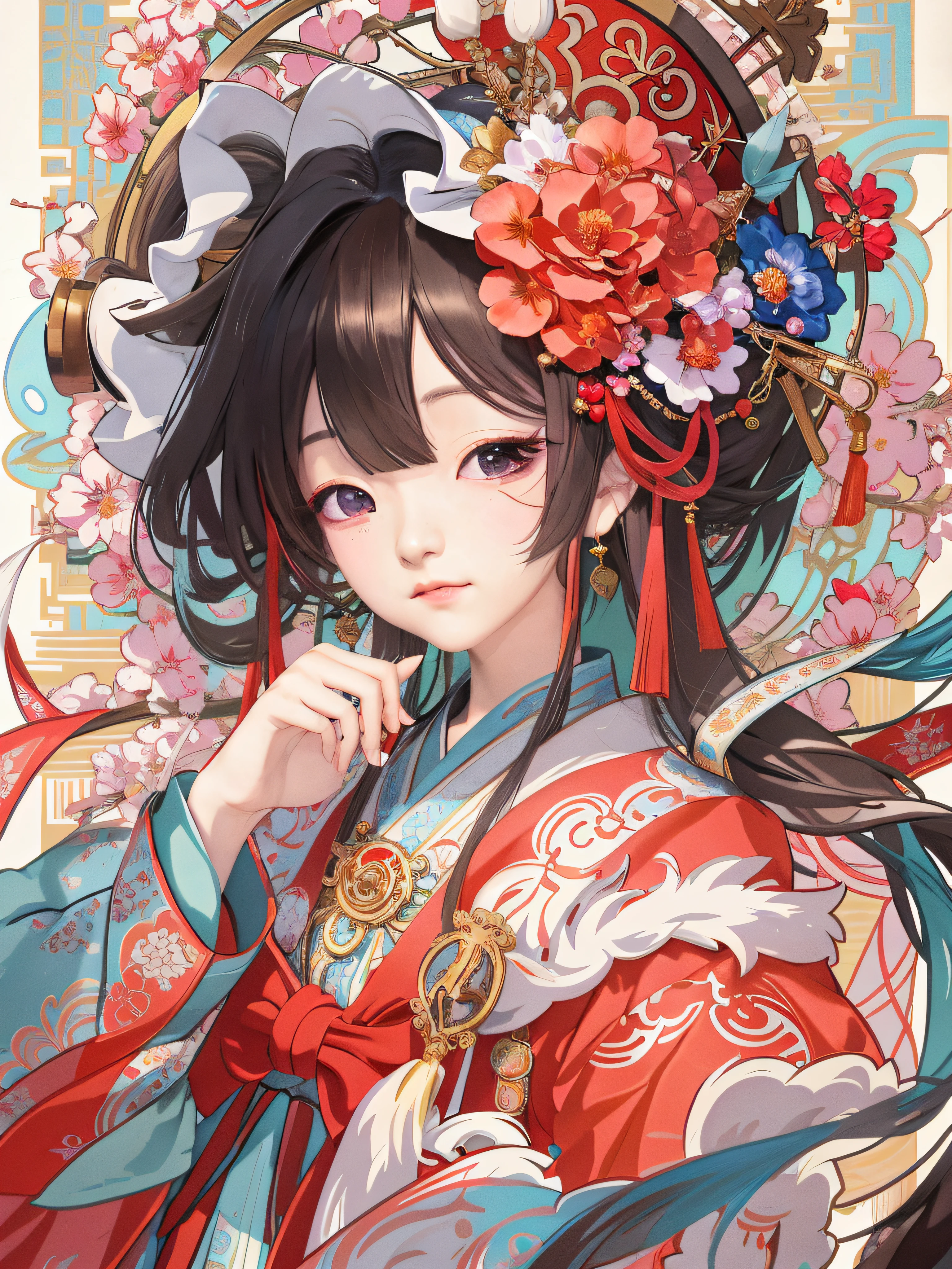 Anime girls dressed in traditional costumes,There are red flowers in the hair, onmyoji portrait, Palace , A girl in Hanfu, Official artwork, high detailed official artwork, Detailed digital anime art, trending on artstation pixiv, Kawasi, Japanese art style, a beautiful anime portrait, Onmyoji detailed art, Detailed anime artwork, Digital anime illustration
