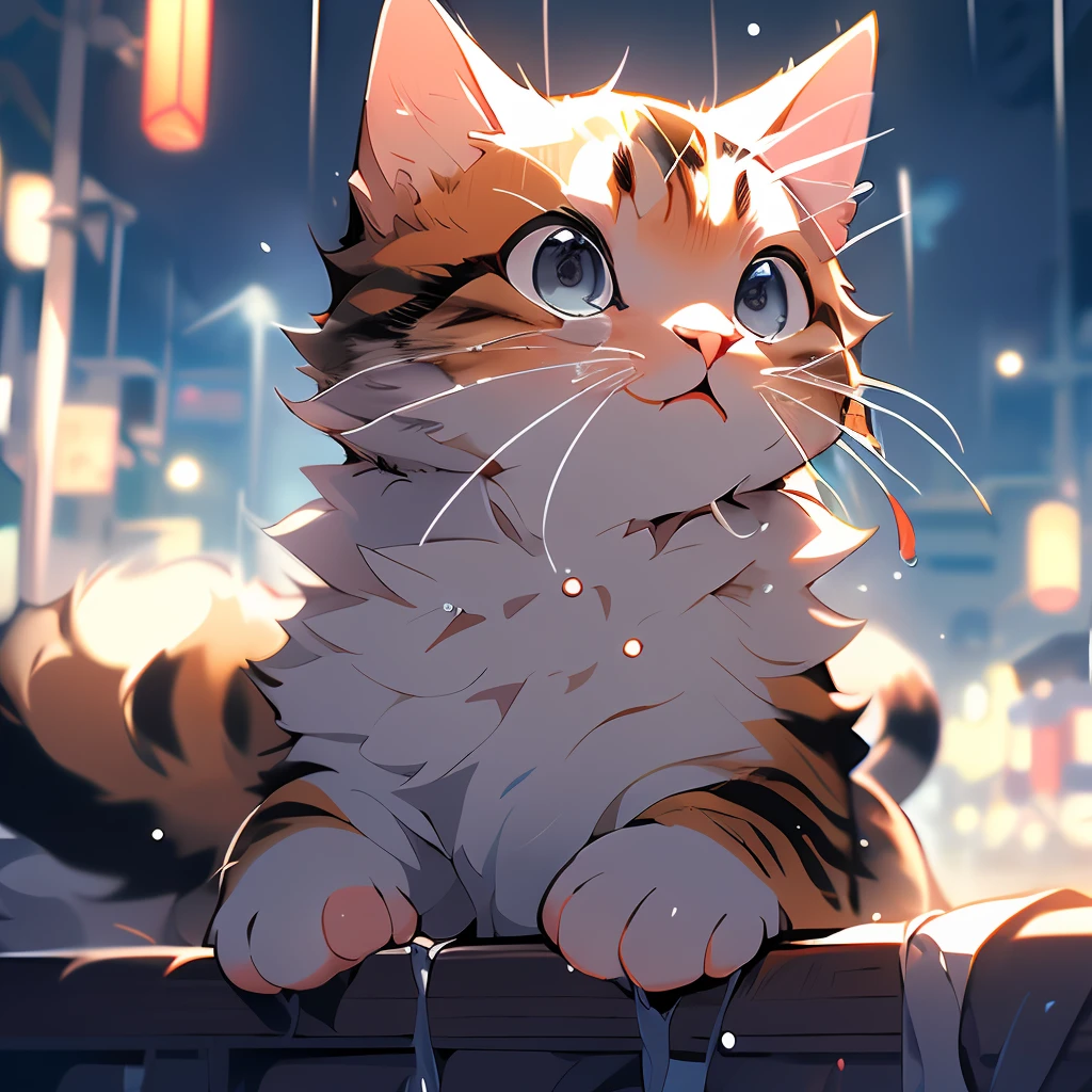 ,(Masterpiece:1.2, High quality),
No Man, cat, :3, Animal focus, Animal, Random background, view the viewer, Crying, Touched，Soft lines，Soft light，Unhappy，lonely，Traces of rain，Wait for the rain to stop，soft filter，Background bokeh