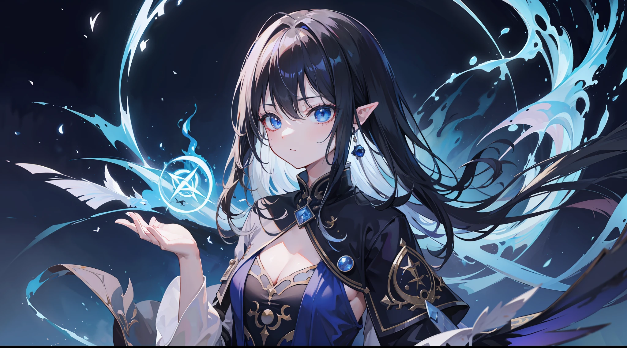 Death,Blood,Night, Dark, (Fantasy),infinite,deep blue sky,The abyss of knowledge,Cowledge,((masutepiece)), (((Best Quality))),((Beautiful fine eyes)),(Eye lashes)、The Monster、(1人)、Black hair、The long-haired、abyss eyes、glowy skin、oils、small tits、(Bird body、pluma)、tattered cloth、Tee、elvish、Super delicate CG Unity 32k wallpaper、masterpiece, ((ultra-detailliert)), ((illustratio)),colourfull,wall-paper,The energy,Unknown terror,Incomprehensible,Around the magic,Magical surroundings,magic wands,Boken,Flying pages,Know everything,Predict the future、Get to know the past、Infinite wisdom、blue flames、Warlock、magic circles、Pentagram、Spells、mantra、Singing magic