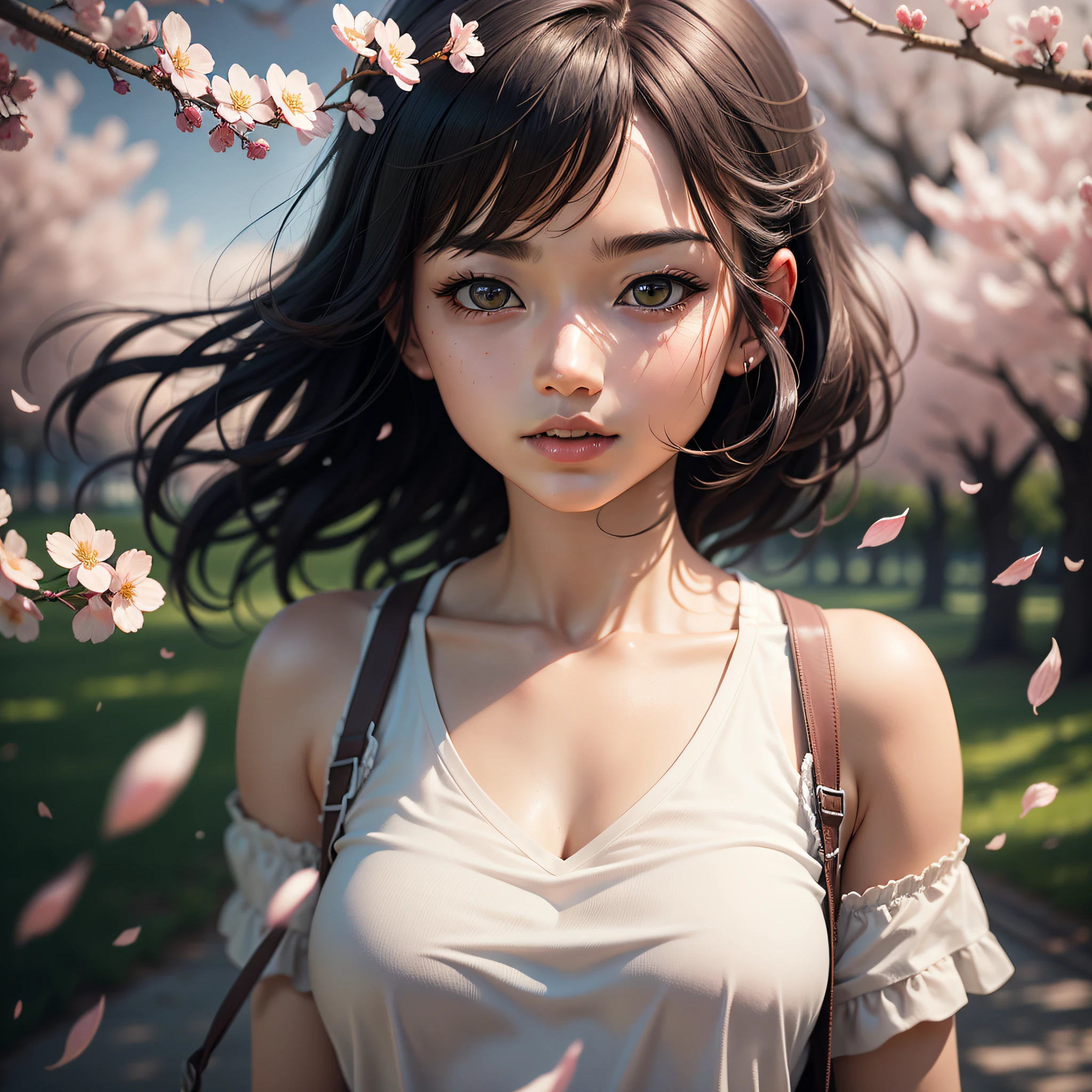masterpiece, best quality, highres, game cg, 1girl, shiina mahiru, cherry blossoms, petals, flying petals, wind, upper body