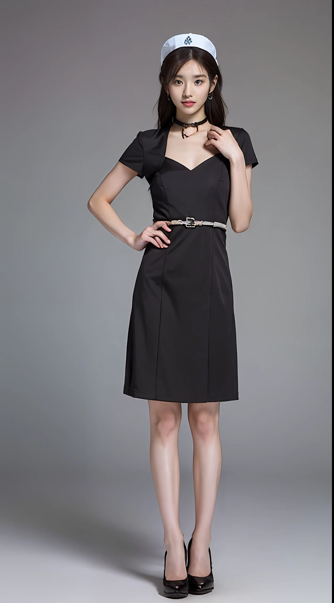 (best qualtiy,A high resolution,tmasterpiece:1.3),perfect bodies,a asian beauty,Slender abs,Dark brown hair in loose wavy styling,Huge breasts,wearing a choker,Nurse uniform top,wearing dresses,Nurse hat,Plain background,Beautifully rendered details in face and skin textures,Detailed eyes,二重まぶた,Full body standing photo,high-heels,Slender legs