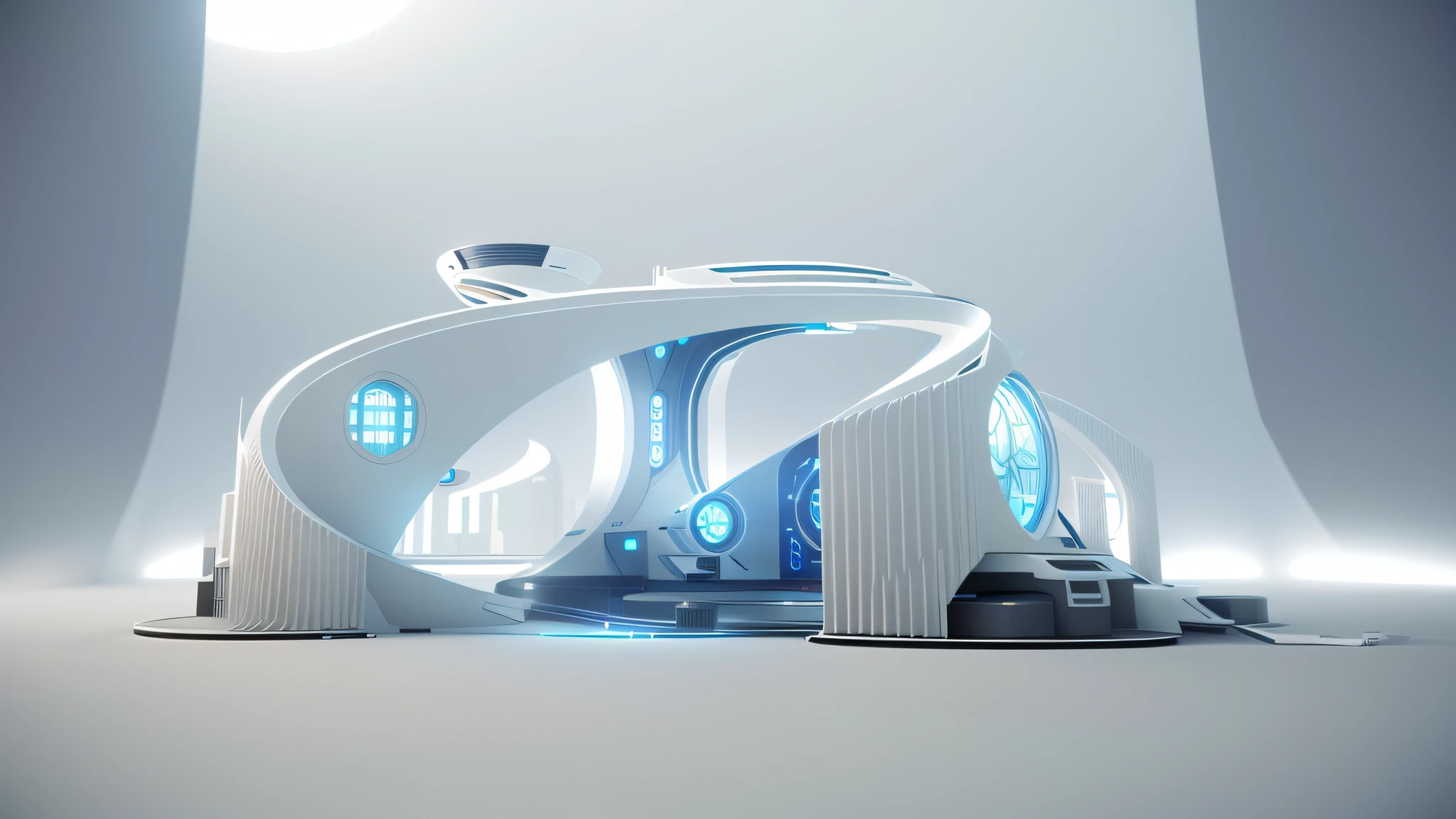 "(Futuristic interior close-up with exaggerated structure), 3D iOS room:1.2, Exhibition hall,Technologie,Creative concept:1.1, Cyber:1.2, scifi platform:1.1, 3d 8k render, 8K artistic rendering, Mix brightness:0.9, Color mixing:0.9)" 3d concept render, 3 d concept render, futuristic architecture concept, 3d cgi render